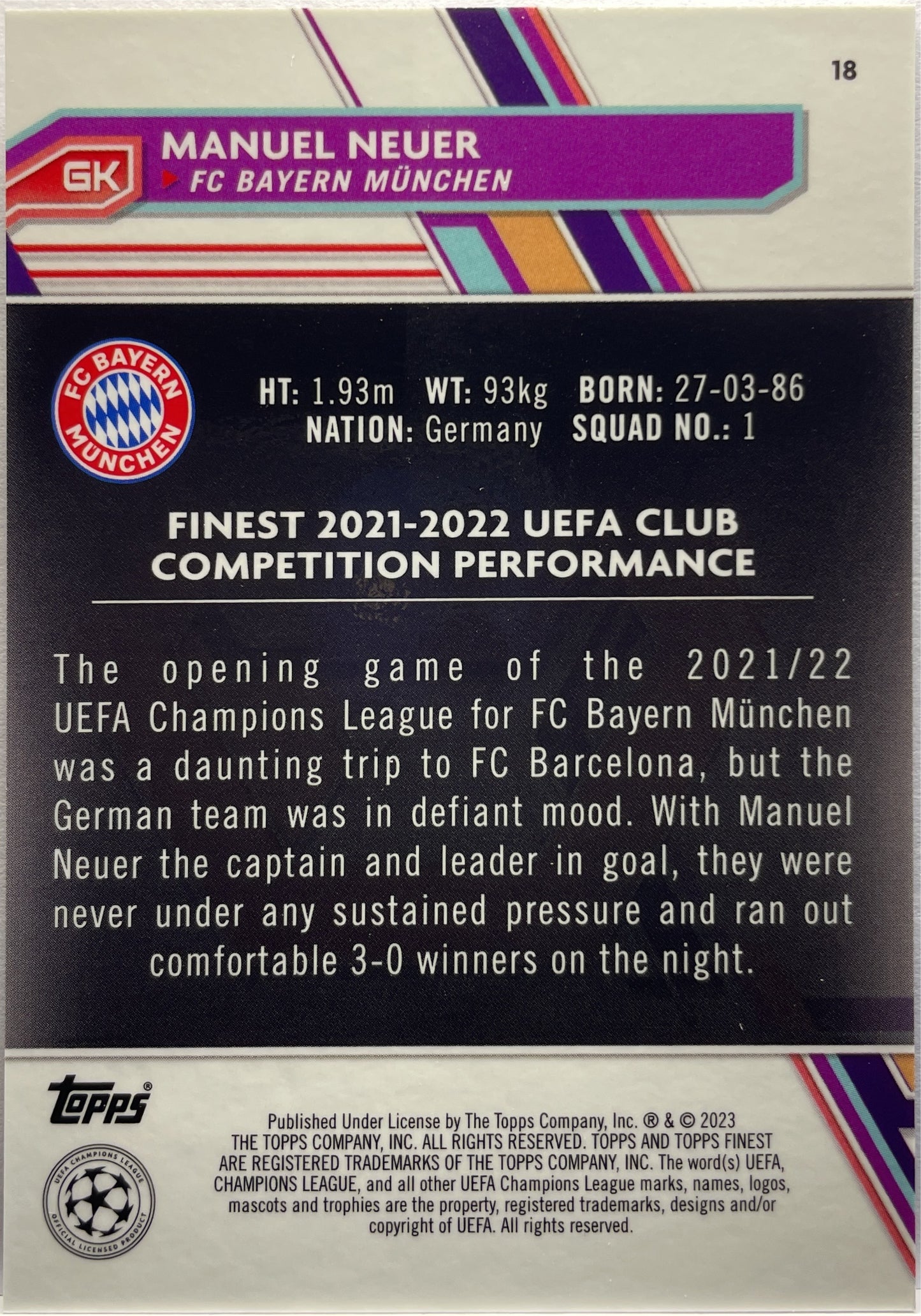 Manuel Neuer 71/199 Purple Shimmer Topps Finest UCC 2022/23