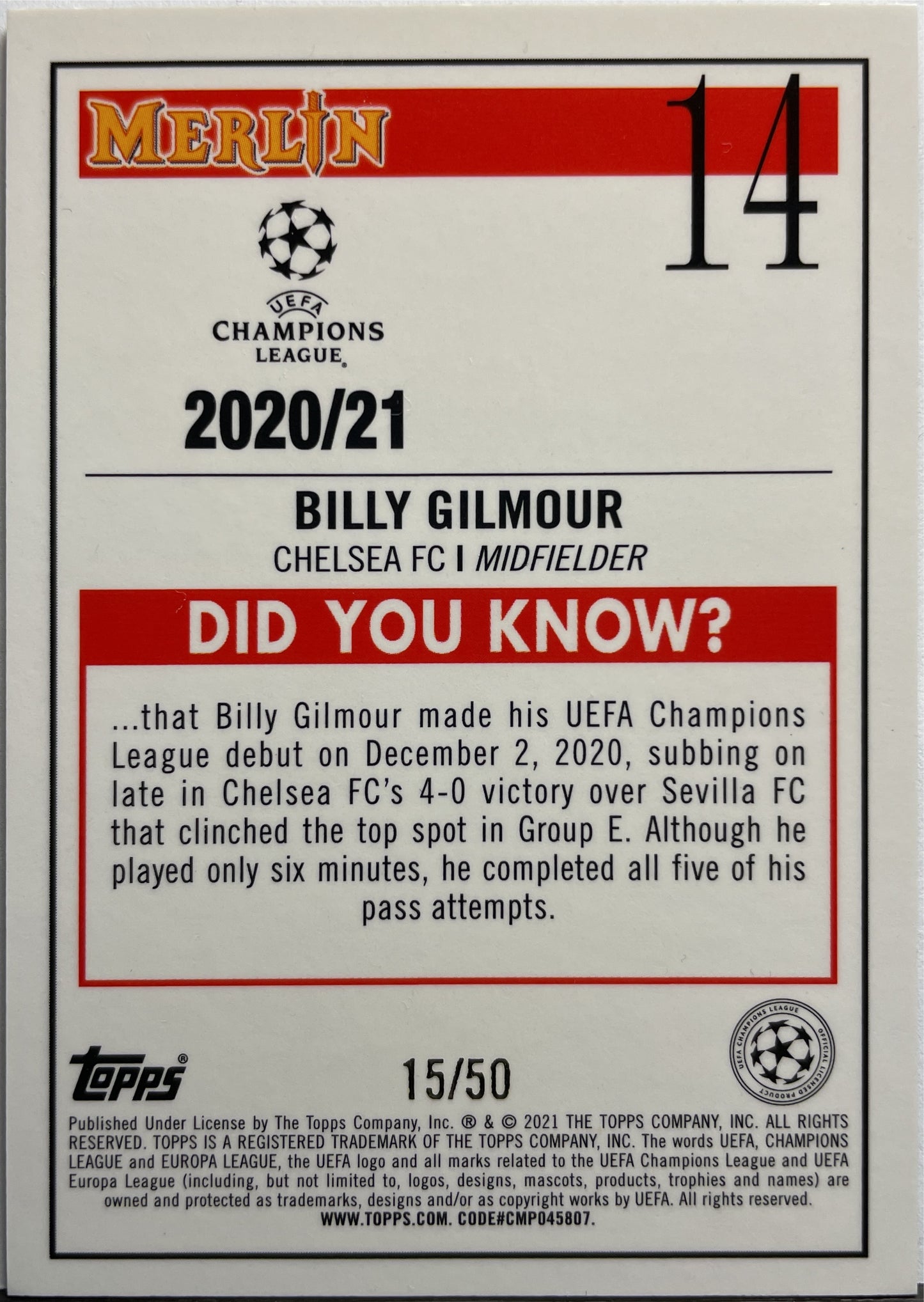 Billy Gilmour 15/50 Rookie Topps Merlin UCL 2020/21