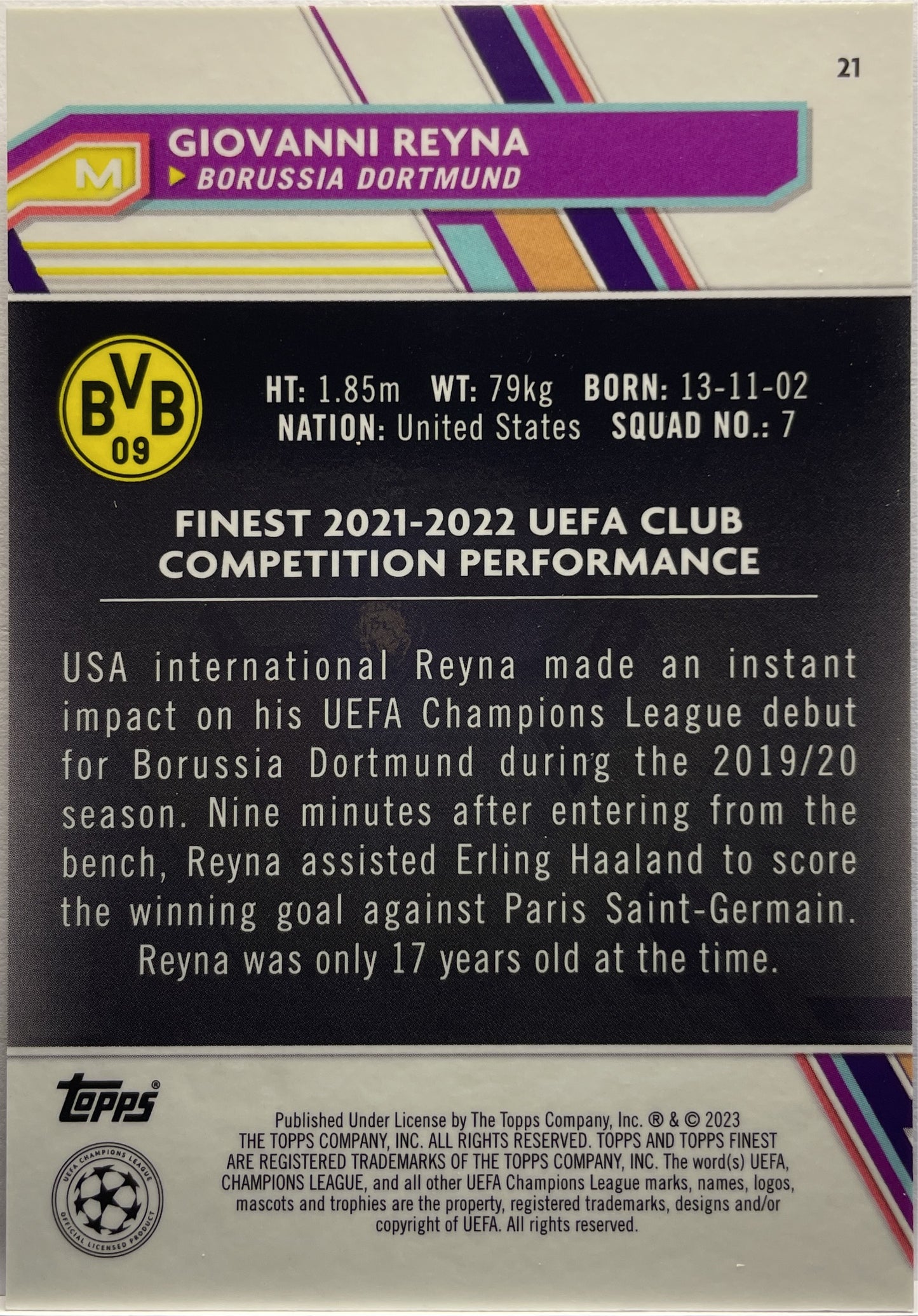 Giovanni Reyna 63/199 Purple Shimmer Topps Finest UCC 2022/23