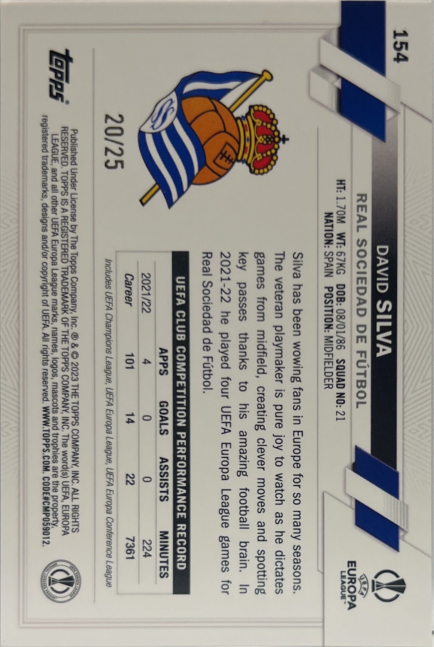 David Silva 20/25 Orange Topps UCC 1ST Edition 2022/23