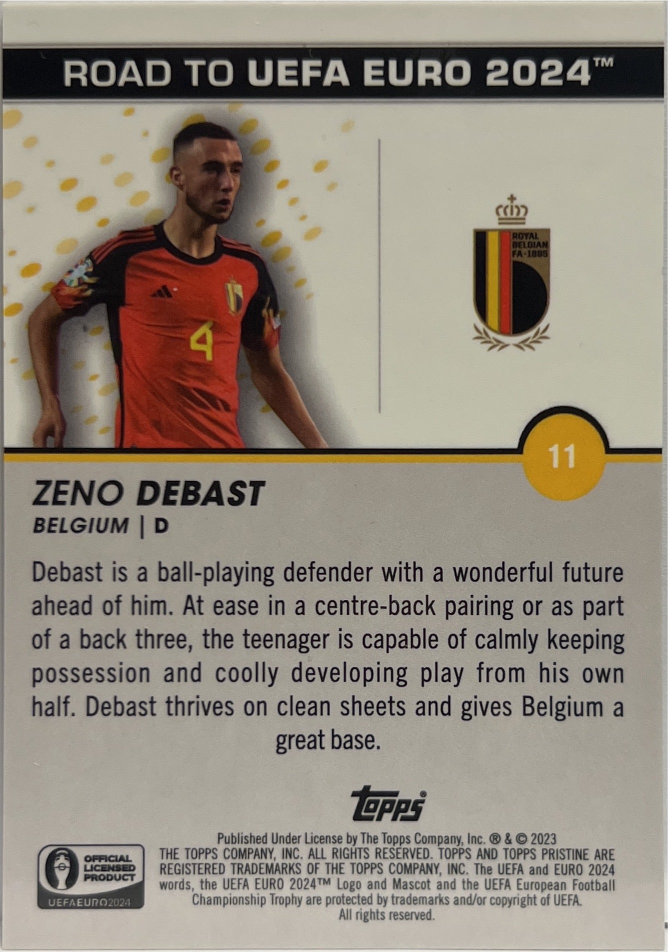 Zeno Debast 28/50 National Debut Gold Topps Pristine Road To Euro 2024