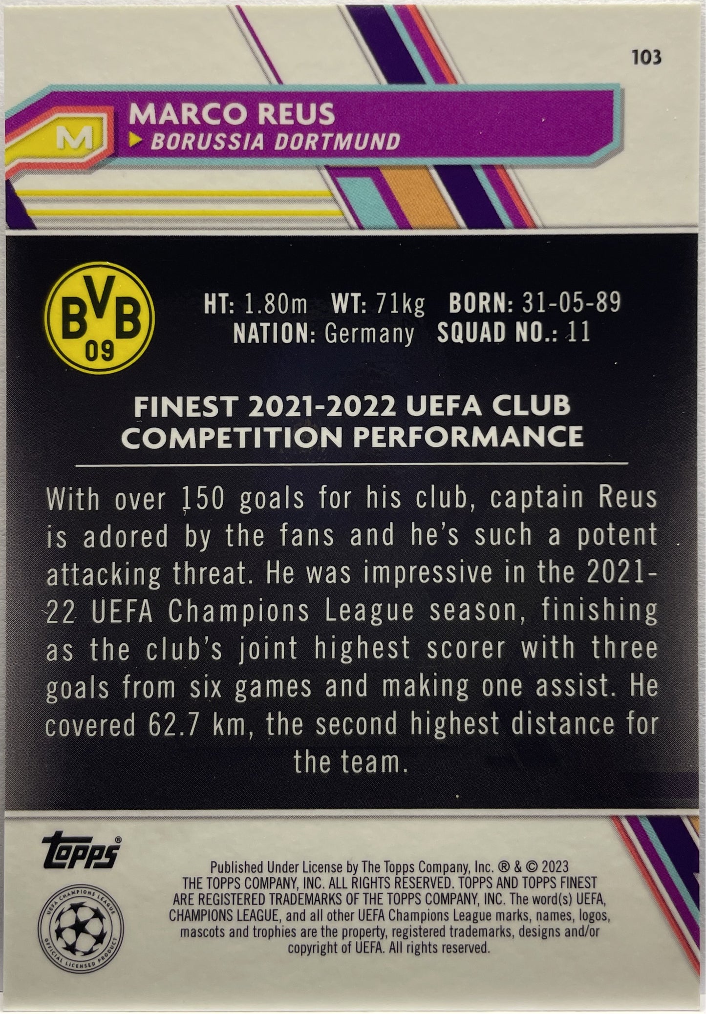 Marco Reus 59/250 Blue/Aqua Vaporwave Topps Finest UCC 2022/23