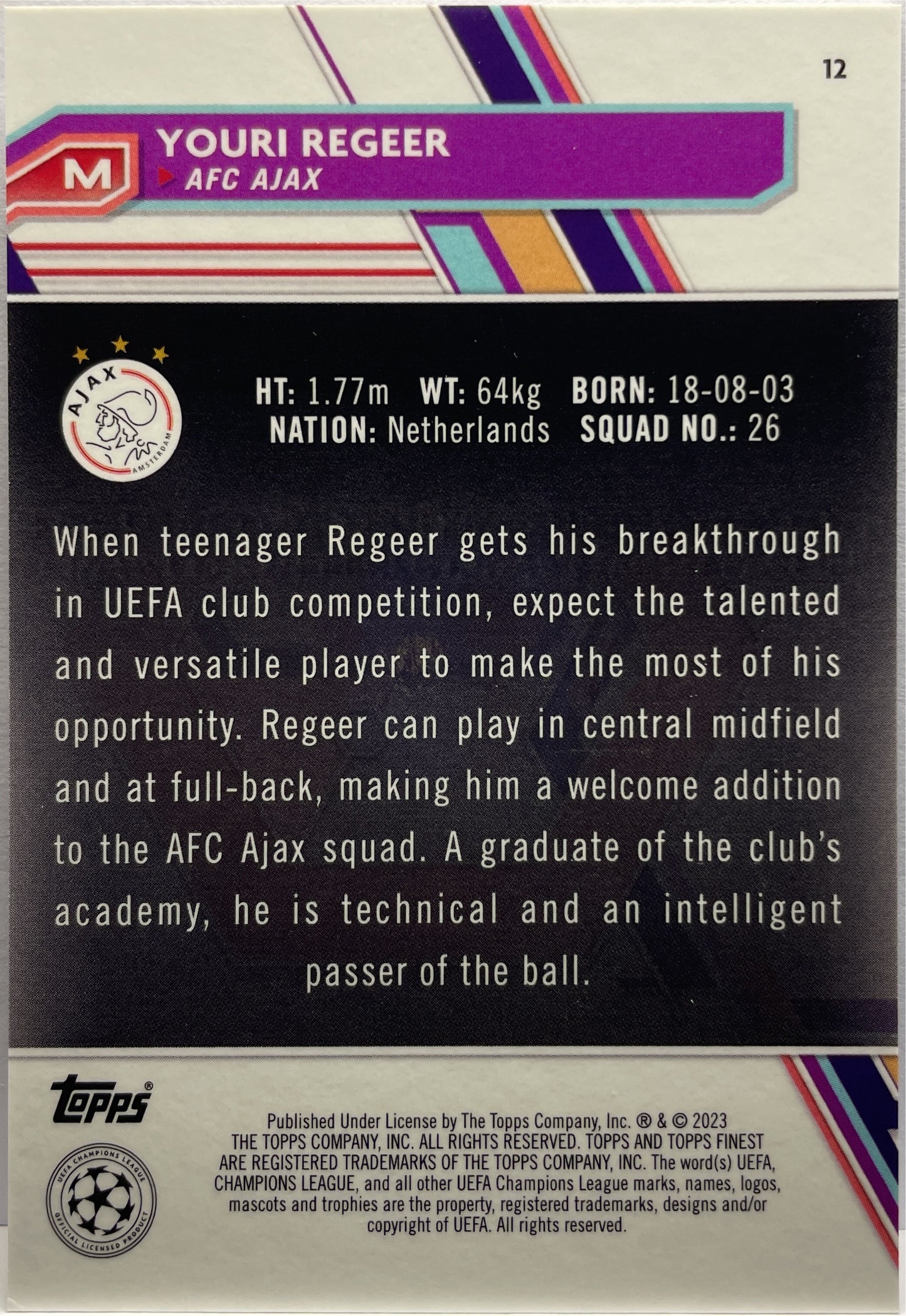 Youri Regeer 225/250 Rookie Blue/Aqua Vaporwave Topps Finest UCC 2022/23