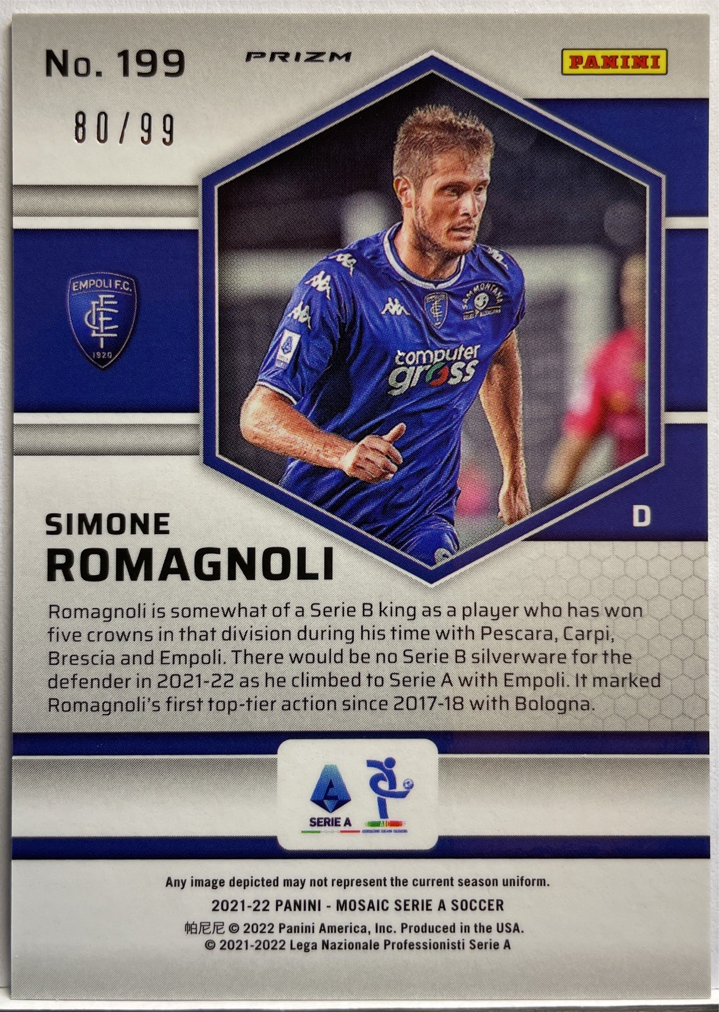 Simone Romagnoli 80/99 Rookie Blue Mosaic Serie A 2021/22