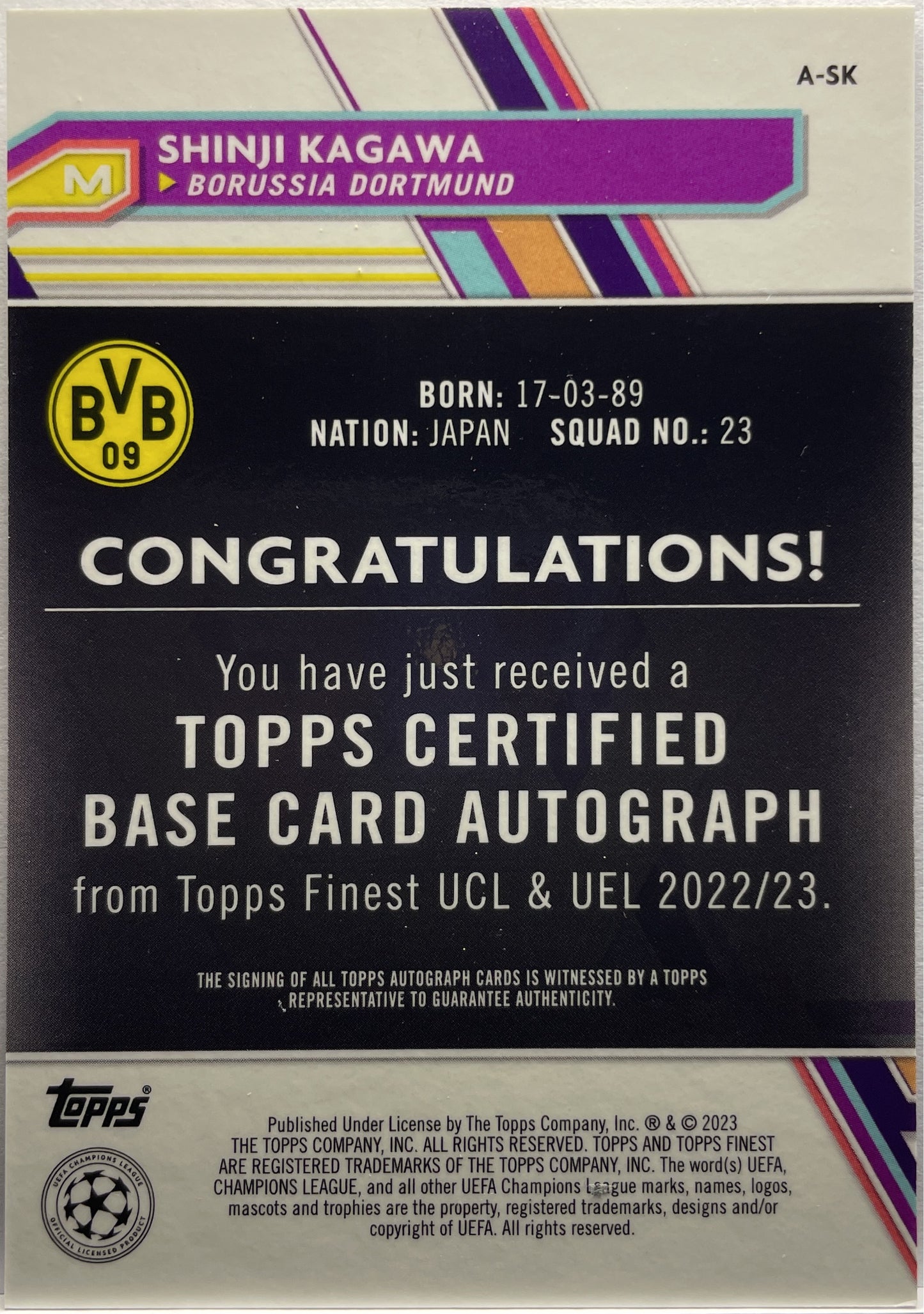 Shinji Kagawa Autograph Topps Finest UCC 2022/23