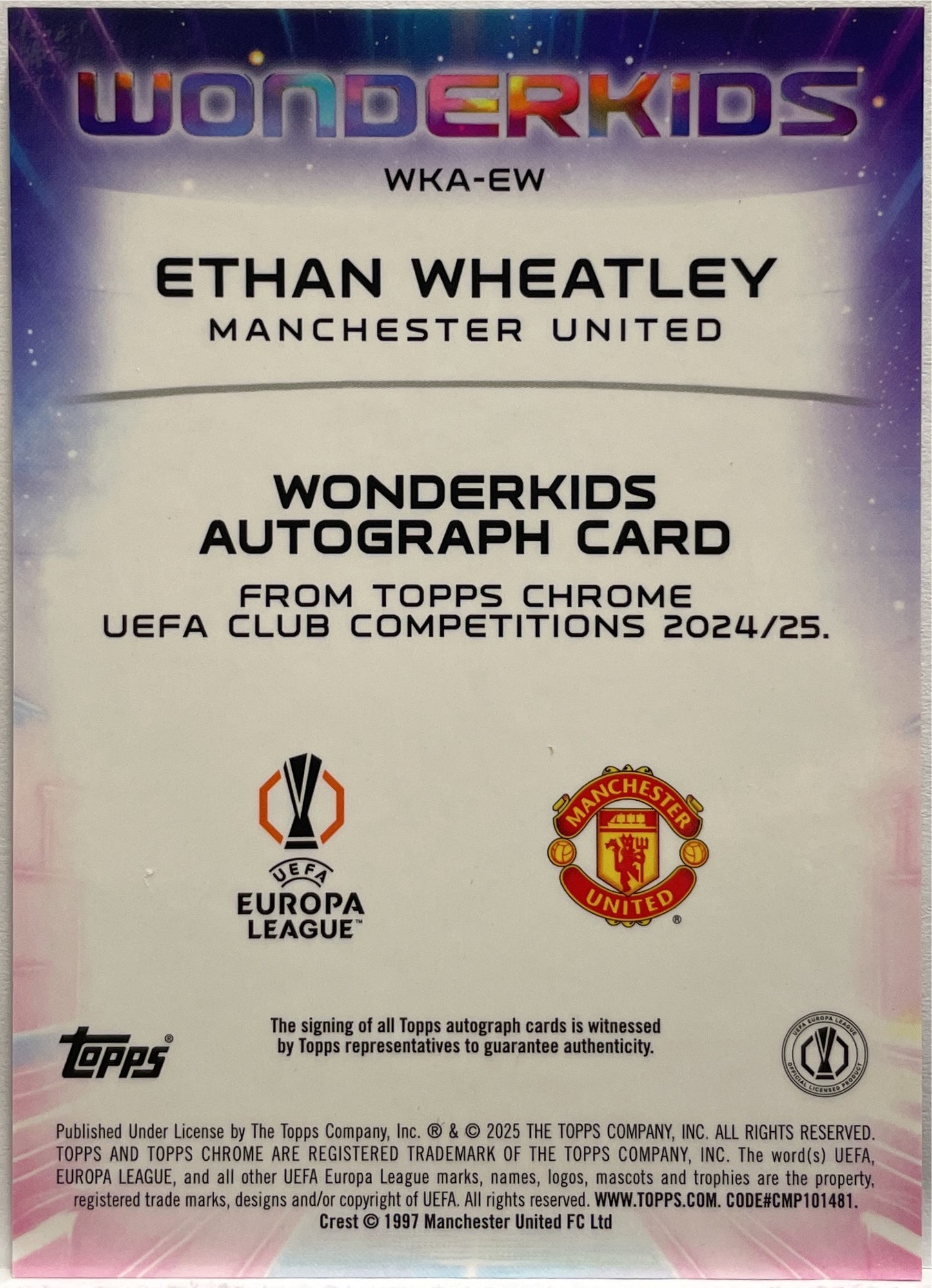 Ethan Wheatley 23/75 Rookie Autograph Wonderkids Magenta Topps Chrome UCC 2024/25