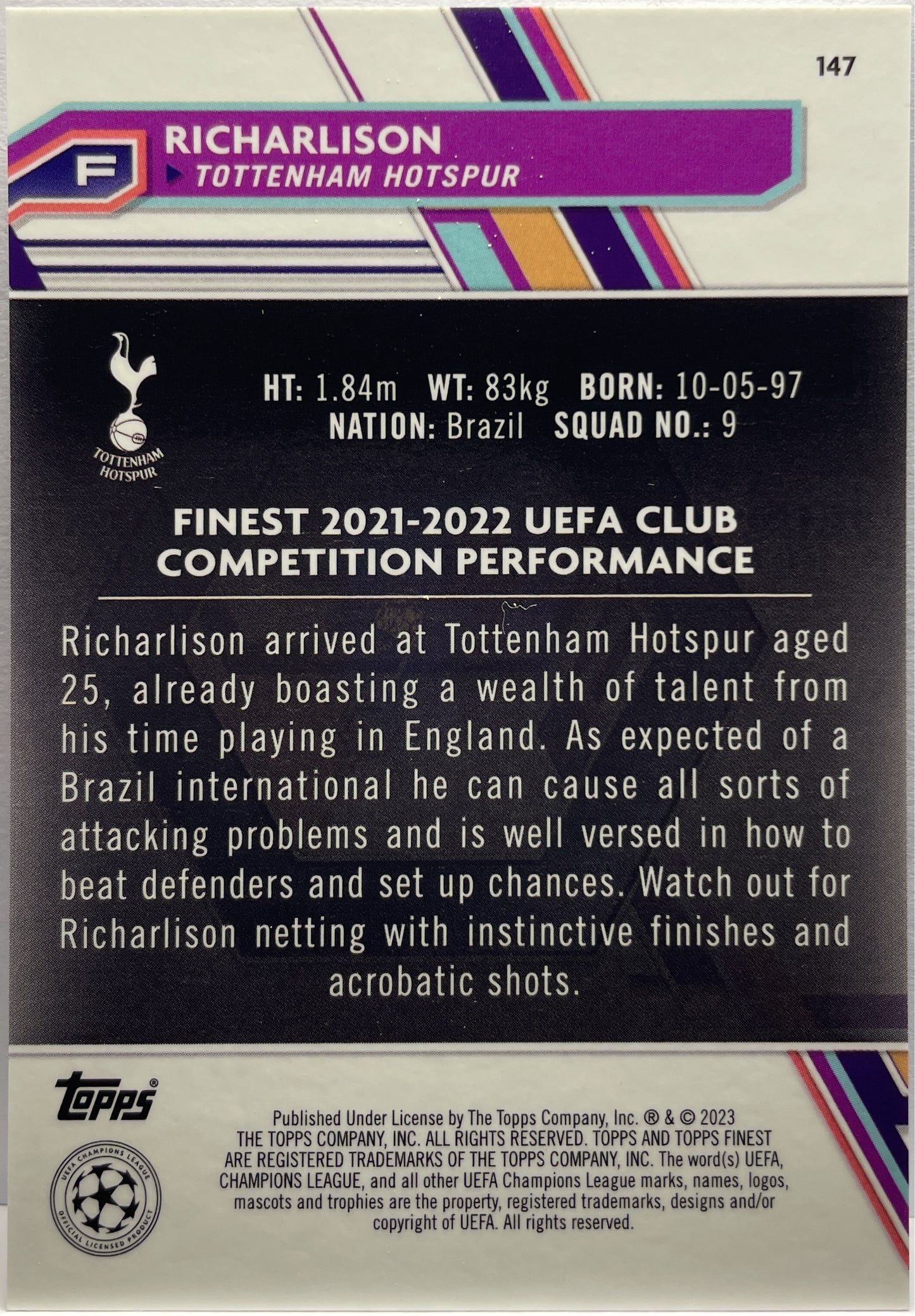 Richarlison 162/299 Purple Topps Finest UCC 2022/23