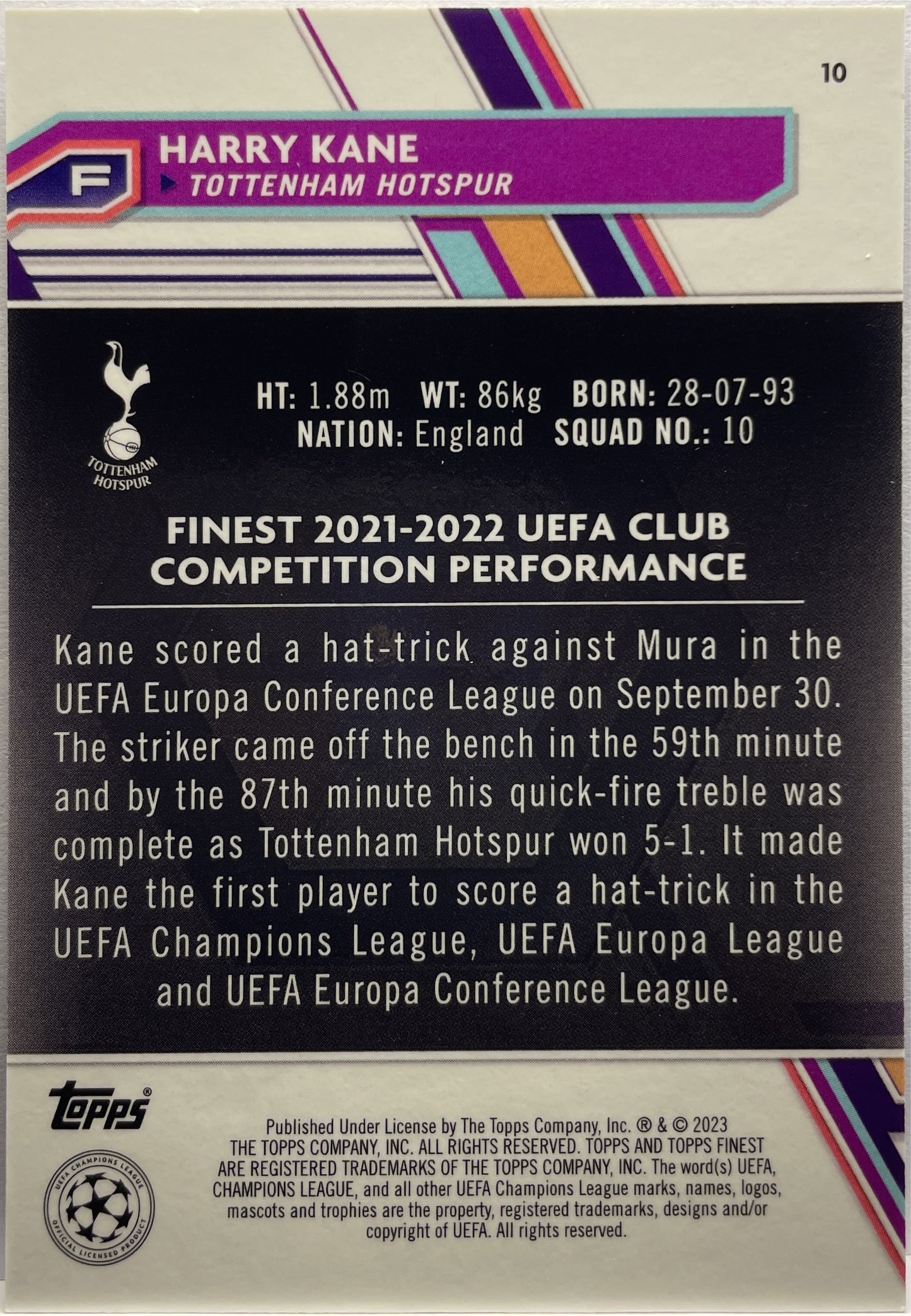 Harry Kane 269/275 Sky Blue Topps Finest UCC 2022/23