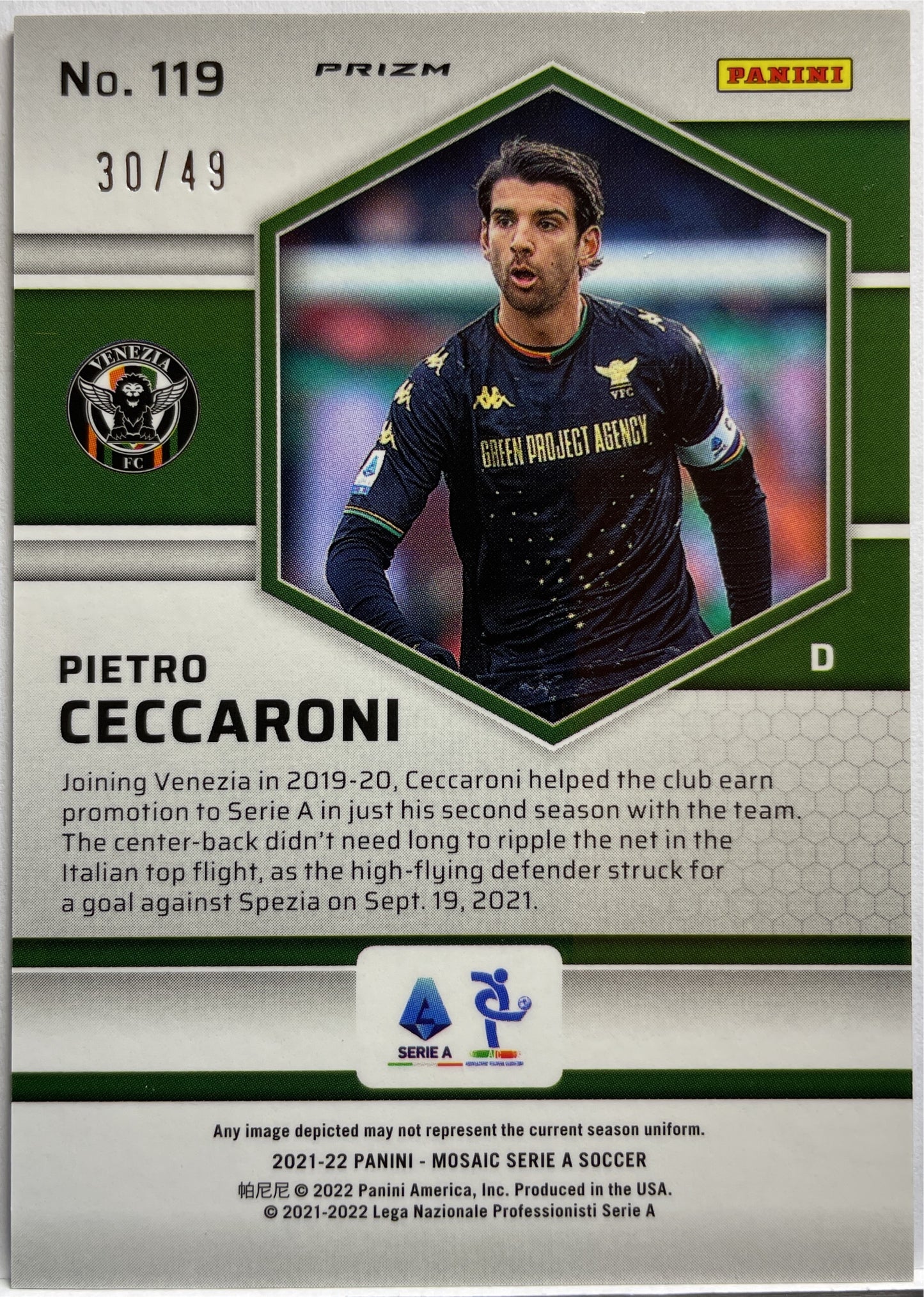 Pietro Ceccaroni 30/49 Purple Mosaic Serie A 2021/22