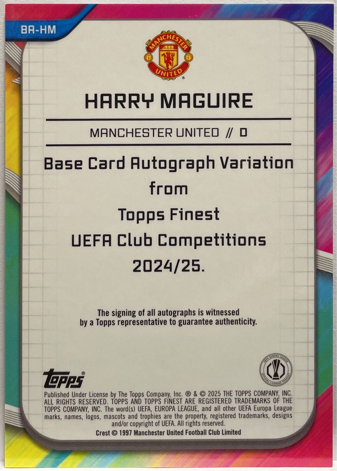 Harry Maguire 156/299 Autograph Purple Topps Finest UCC 2024/25
