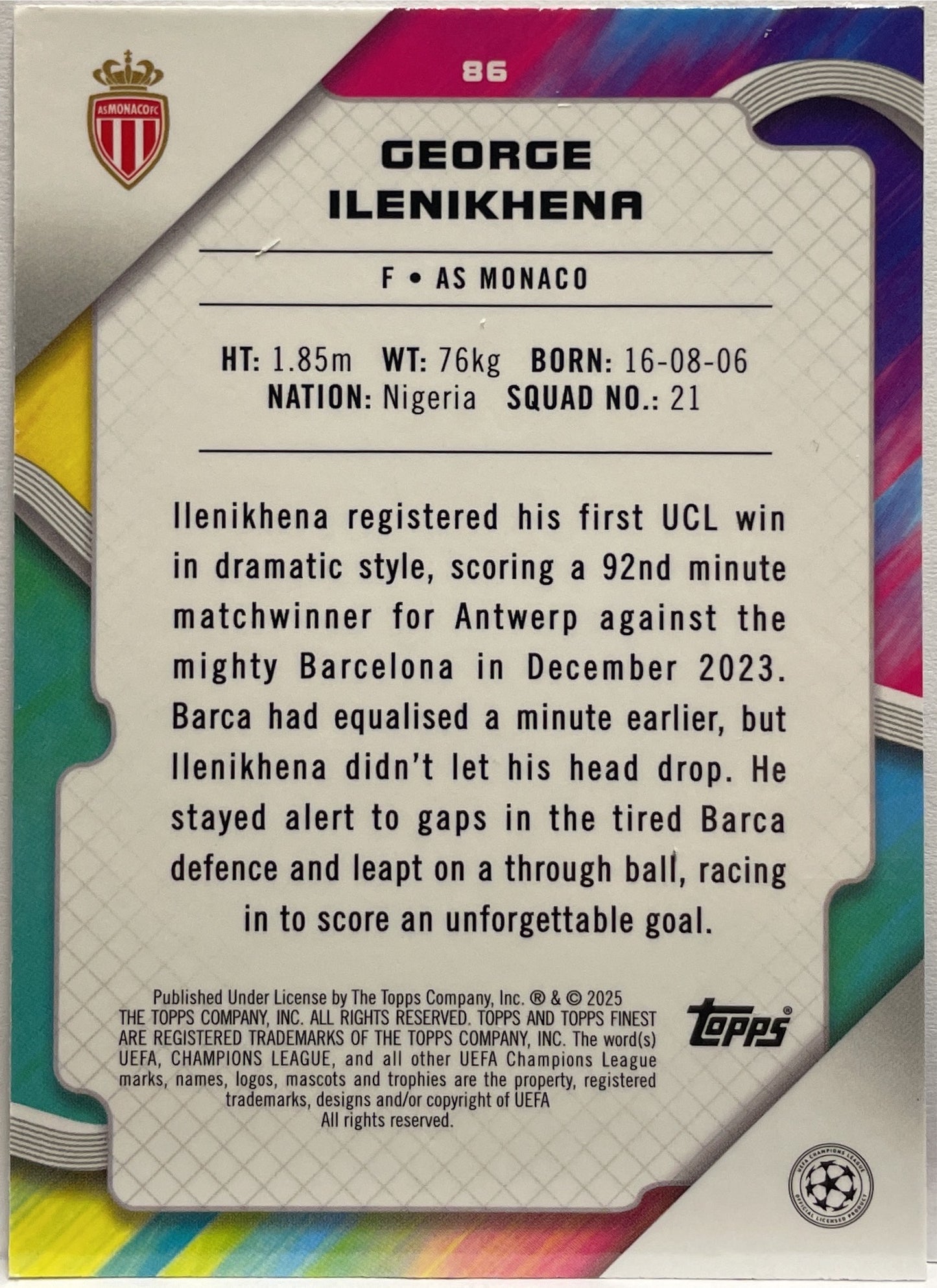 George Ilenikhena 14/275 Rookie Sky Blue Topps Finest UCC 2024/25