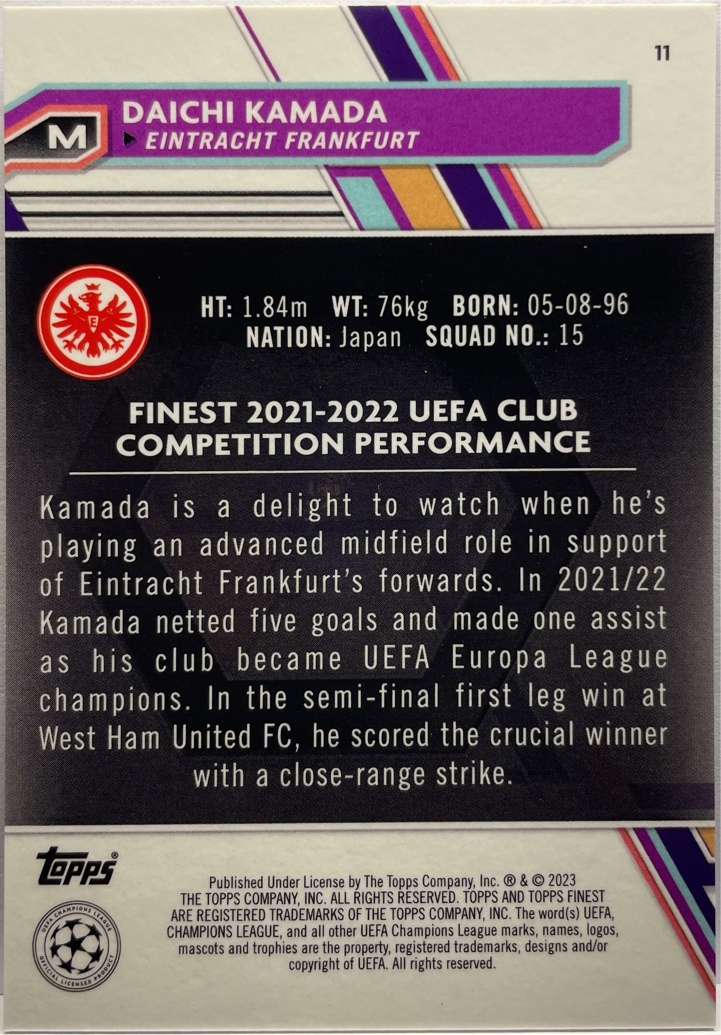 Daichi Kamada 170/275 Sky Blue Topps Finest UCC 2022/23