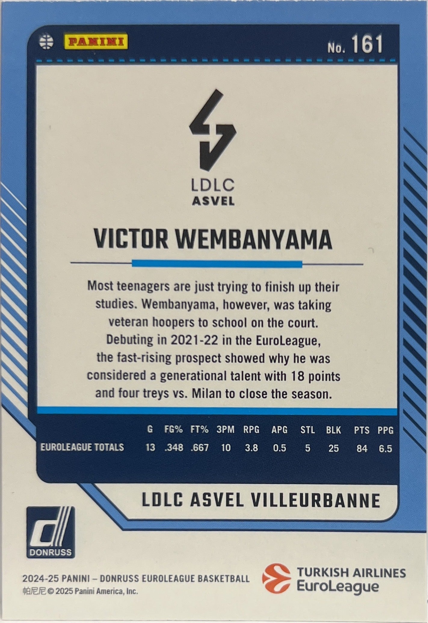 Victor Wembanyama 32/49 Legends Blue Laser Donruss Euroleague Basketball 2024/25