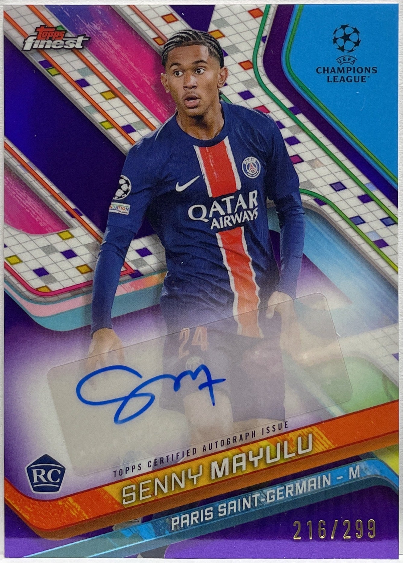 Senny Mayulu 216/299 Rookie Autograph Purple Topps Finest UCC 2024/25