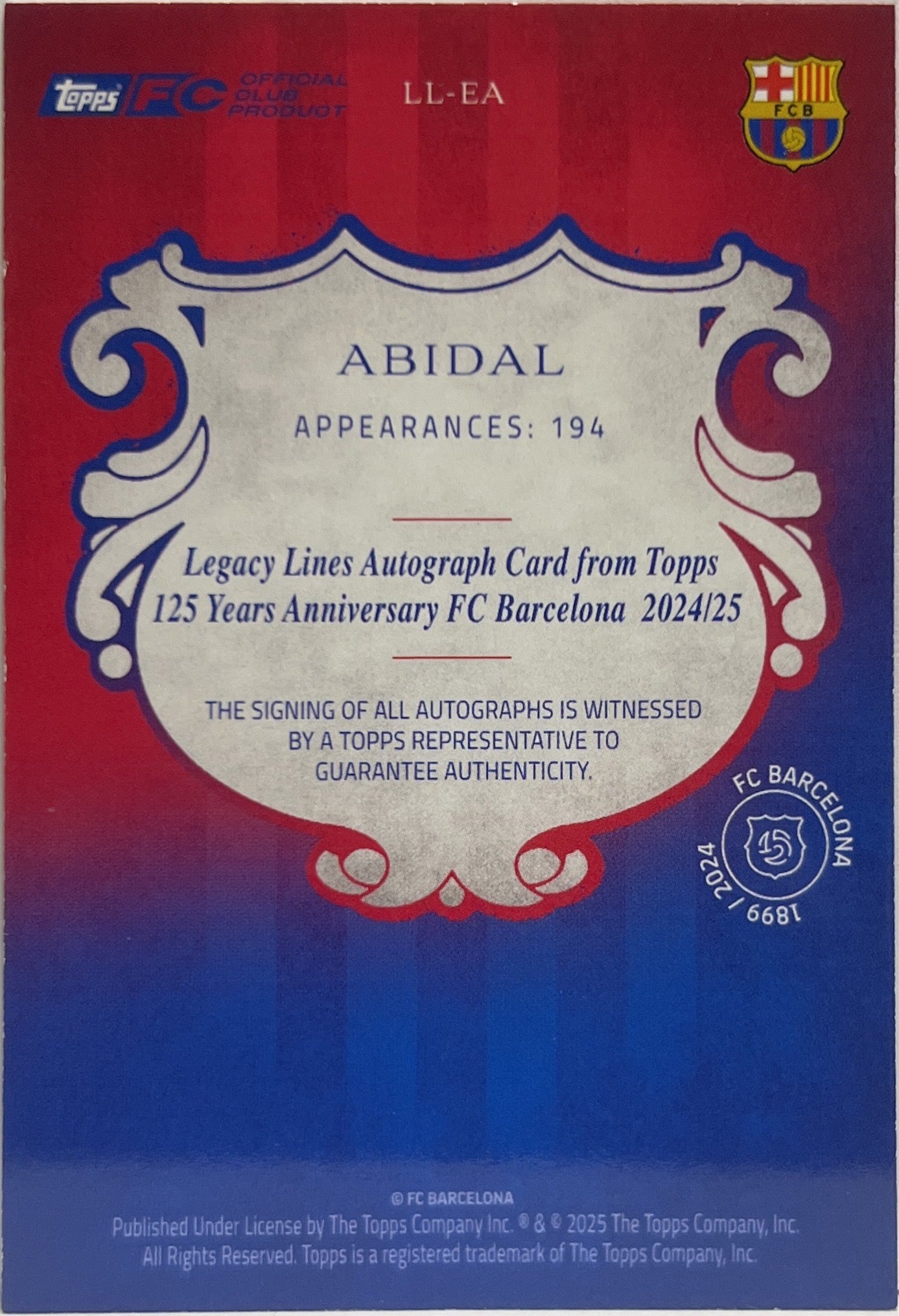 Eric Abidal 22/99 Autograph Pink Topps Barcelona 125 2024/25