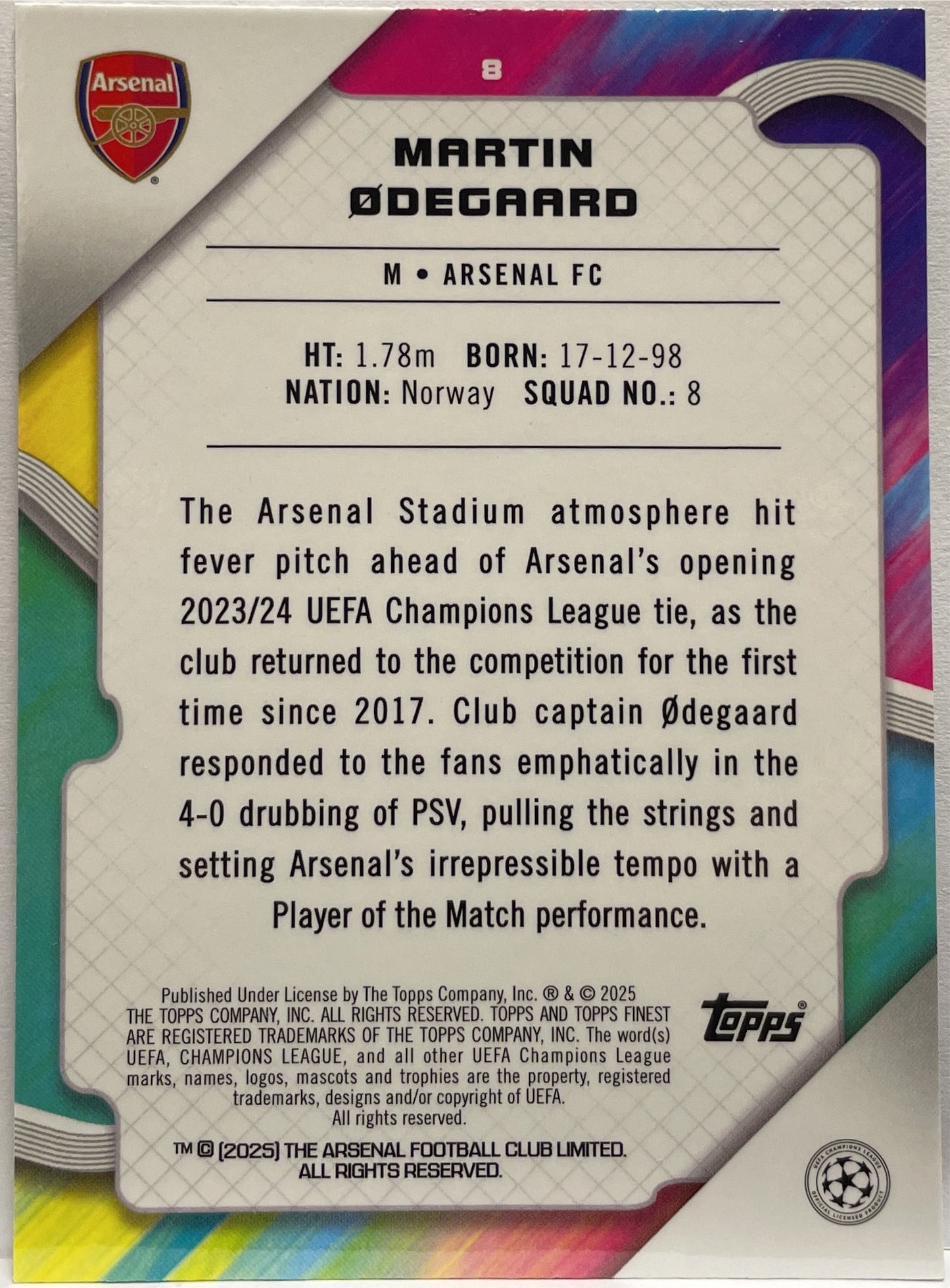 Martin Odegaard 4/250 Pink RayWave Topps Finest UCC 2024/25