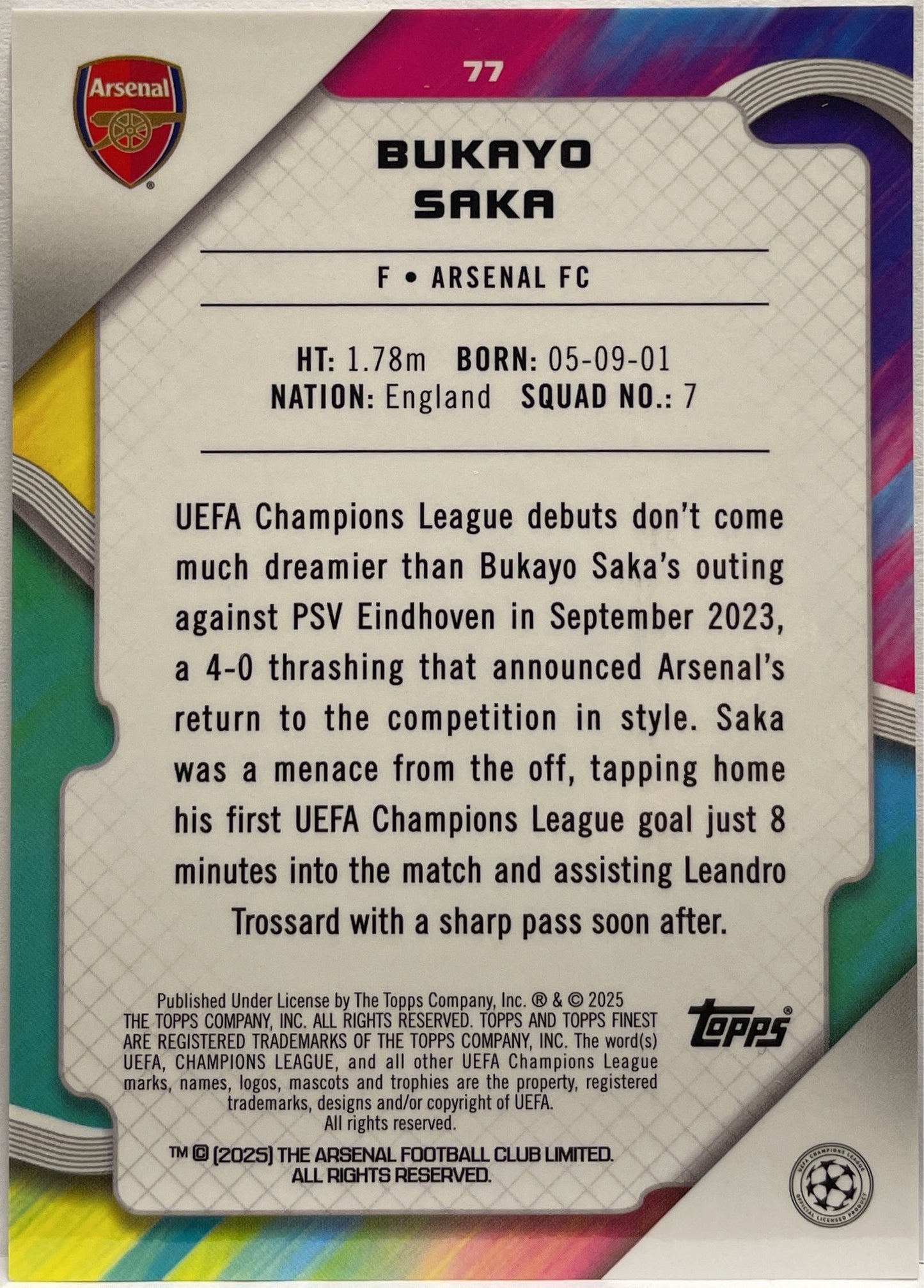 Bukayo Saka 25/75 Blue Topps Finest UCC 2024/25