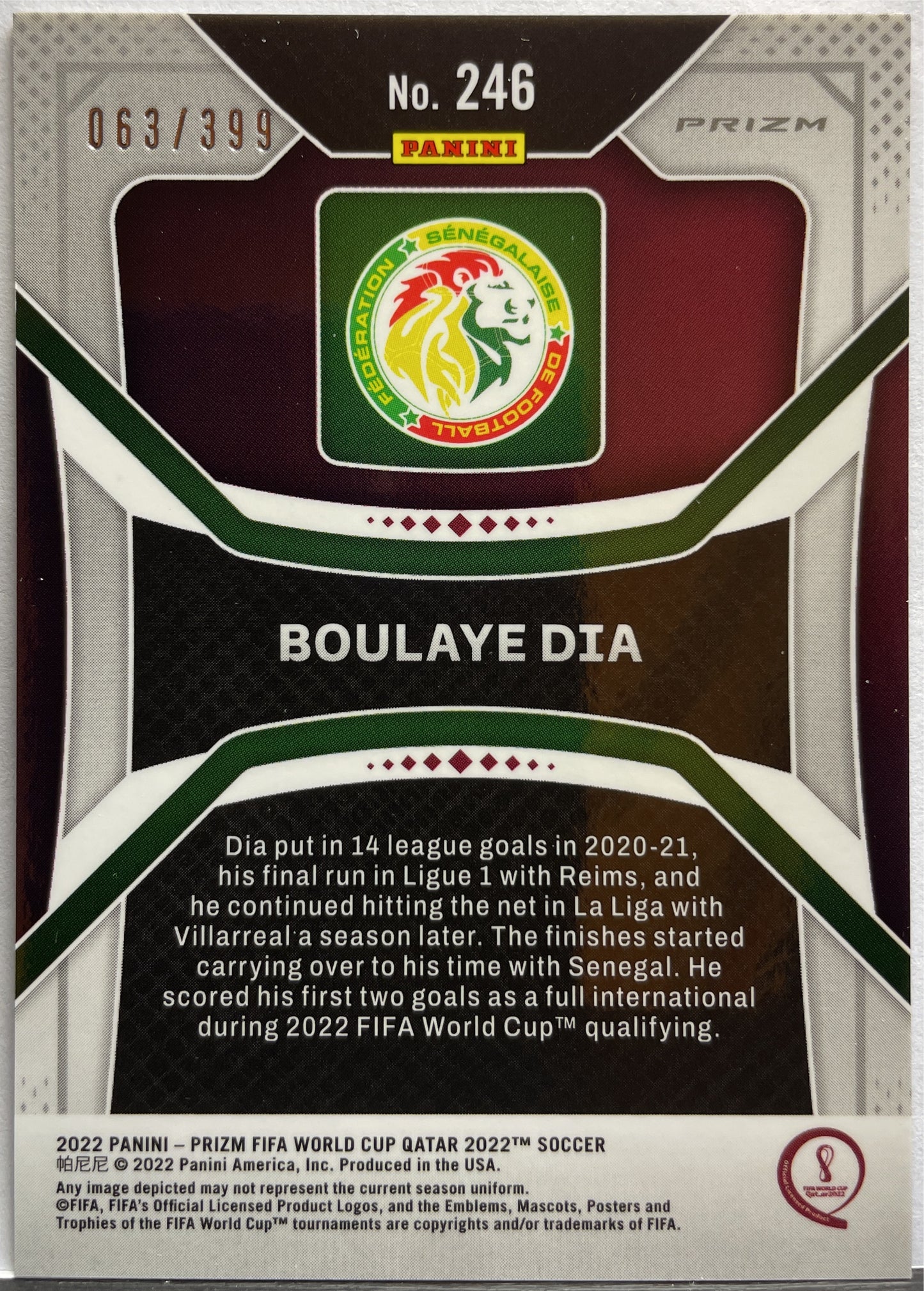 Boulaye Dia 63/399 Rookie Red Prizm Fifa World Cup 2022