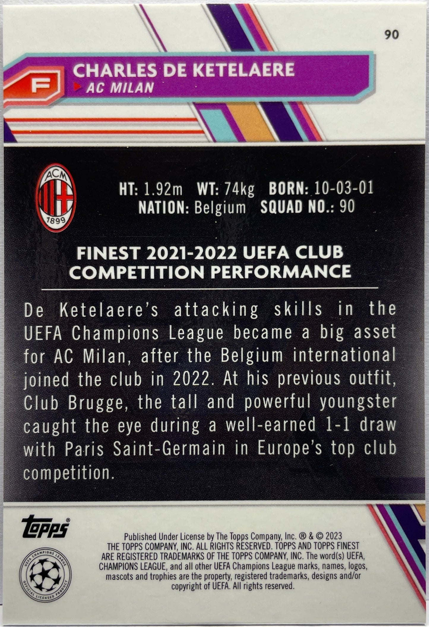 Charles De Ketelaere 16/299 Purple Topps Finest UCC 2022/23