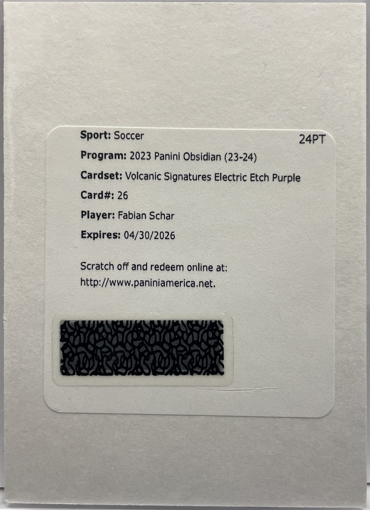 Fabian Schar /50 Autograph Redemption Volcanic Signatures Electric Etch Purple Obsidian 2023/24