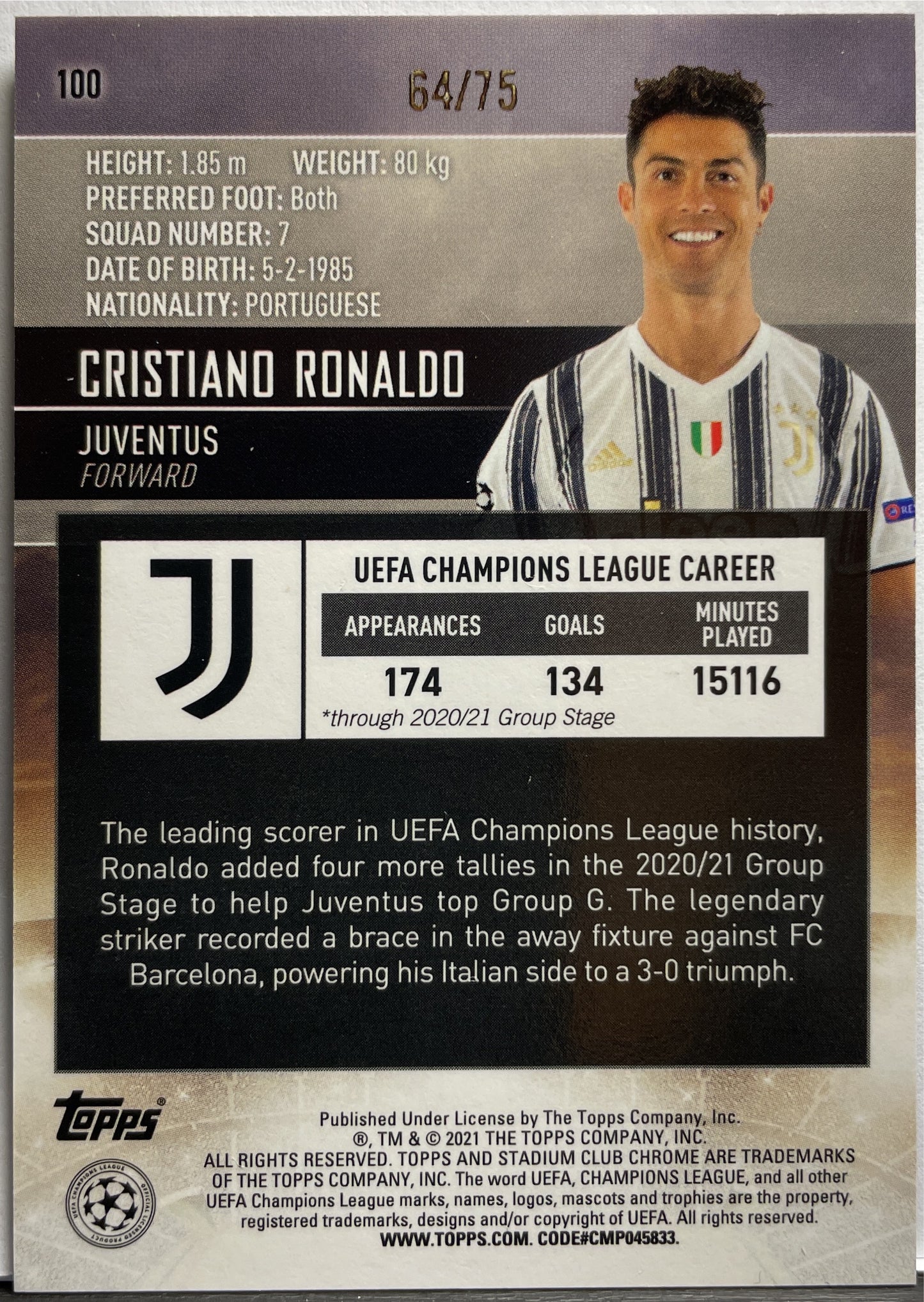 Cristiano Ronaldo 64/75 - Topps Chrome Stadium Club  2021