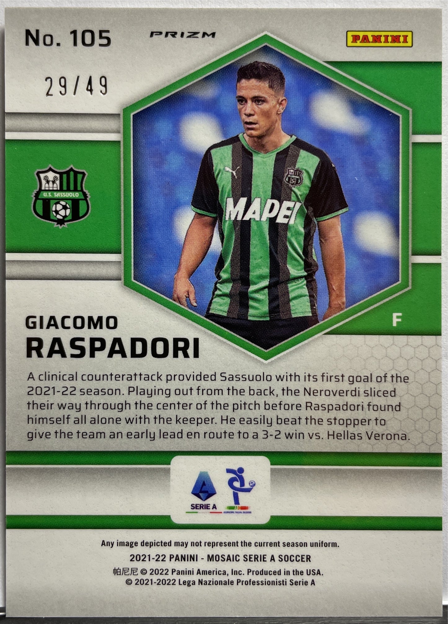 Giacomo Raspadori 29/49 Rookie Purple Mosaic Serie A 2021/22