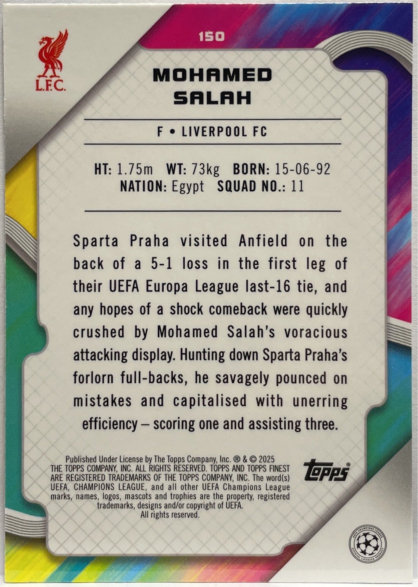 Mohamed Salah 57/150 Blue RayWave Topps Finest UCC 2024/25