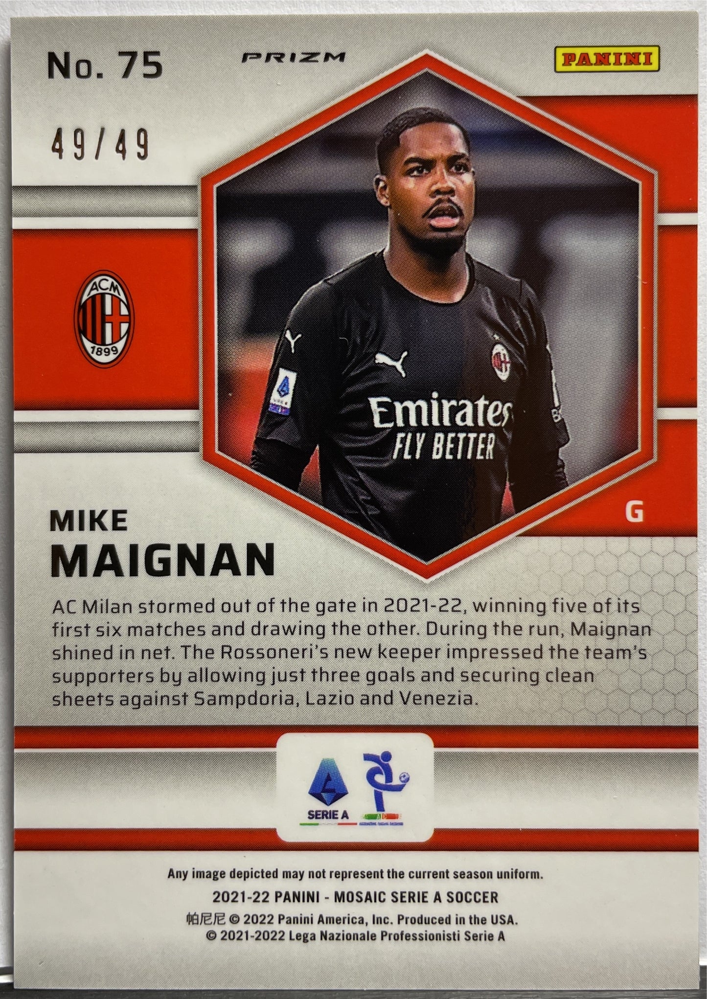 Mike Maignan 49/49 Rookie Purple Mosaic Serie A 2021/22