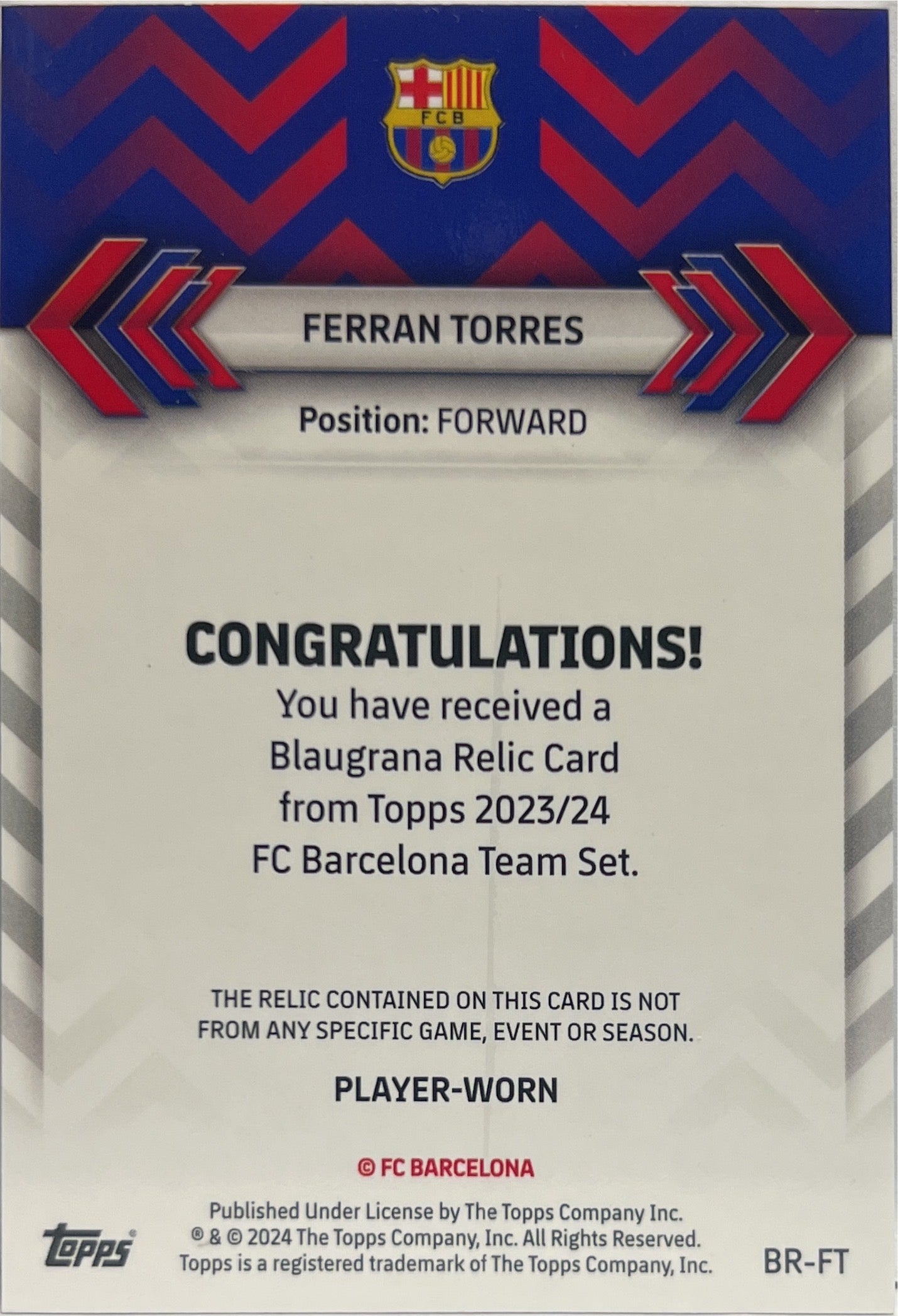 Ferran Torres Patch Blaugrana Relics Topps Barcelona Team Set 2023/24