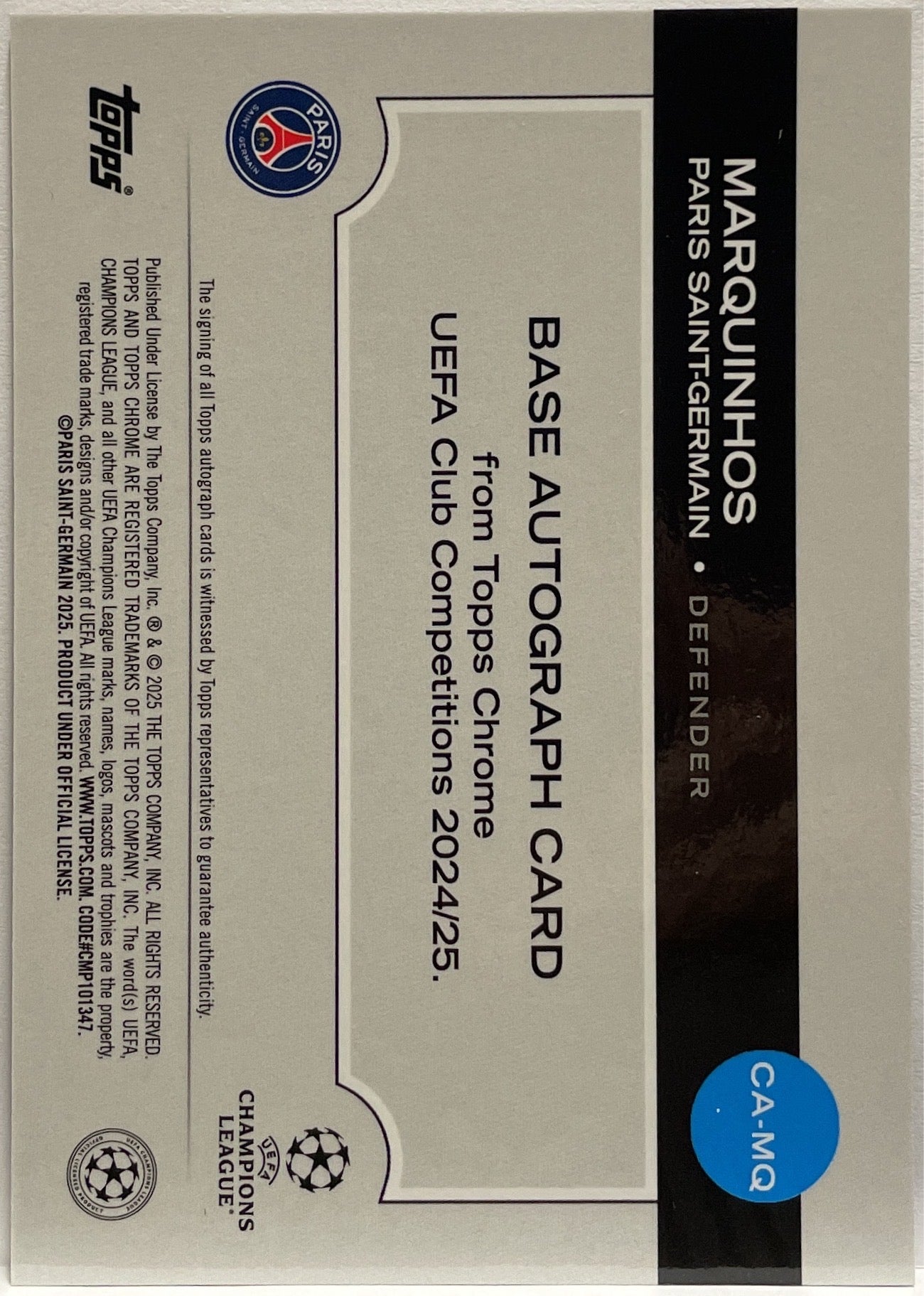 Marquinhos 30/75 Autograph Magenta Topps Chrome UCC 2024/25