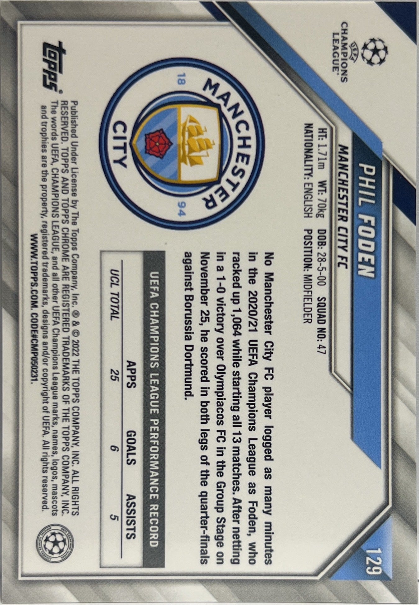 Phil Foden Blue Lava Topps Chrome UCL 2020/21