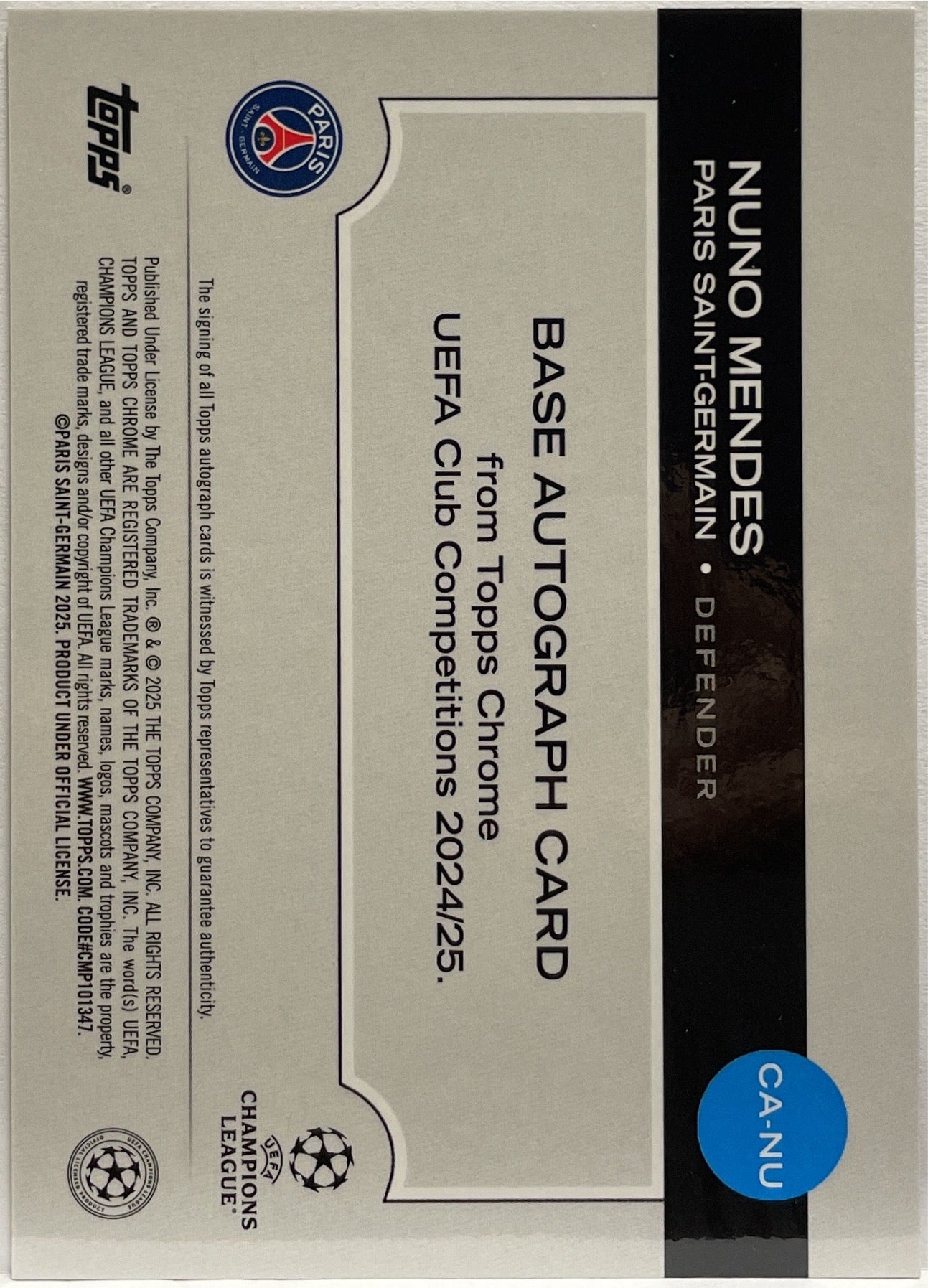 Nuno Mendes 73/75 Autograph Magenta Topps Chrome UCC 2024/25