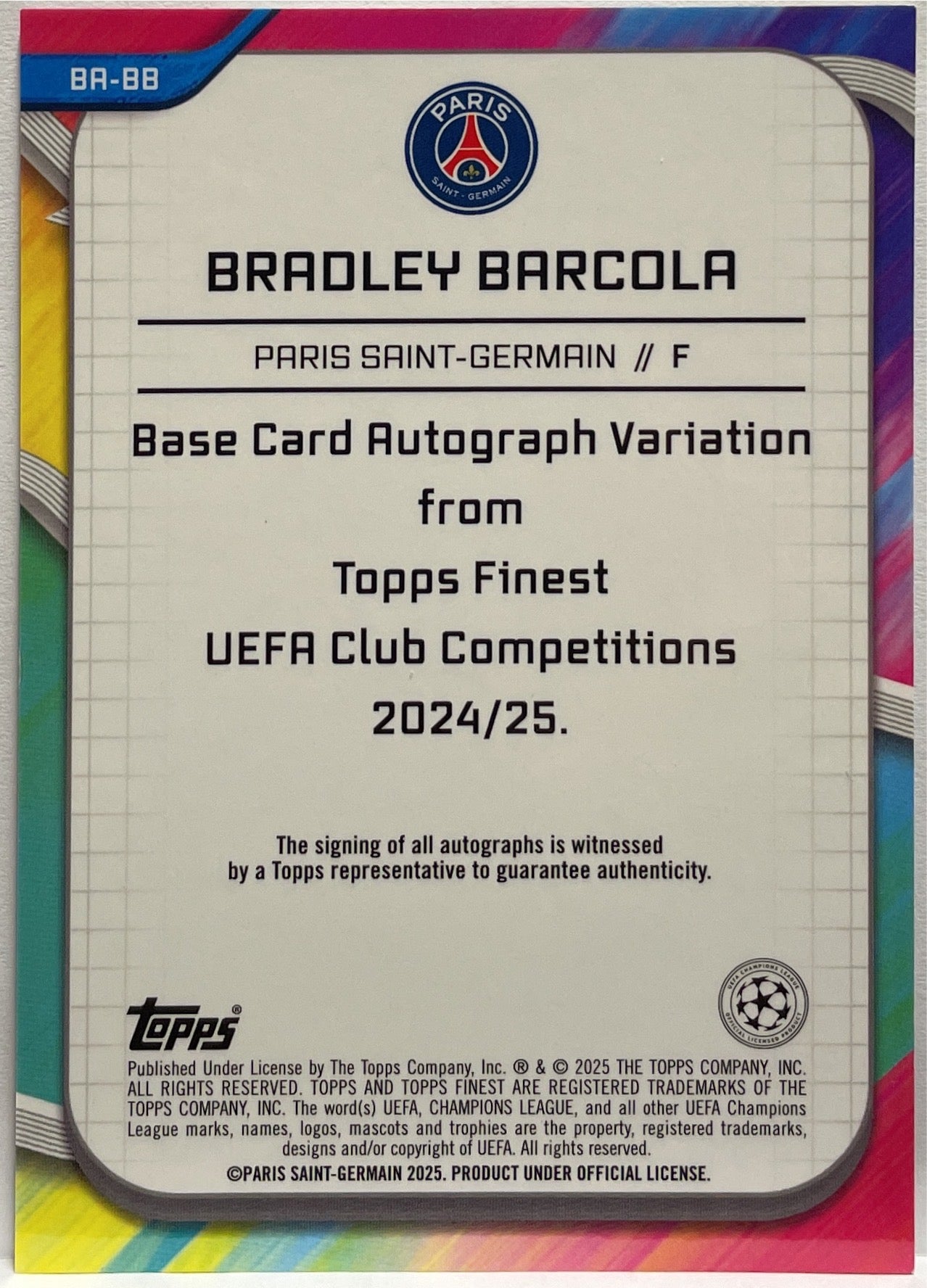 Bradley Barcola 47/125 Autograph Pink Prism Topps Finest UCC 2024/25