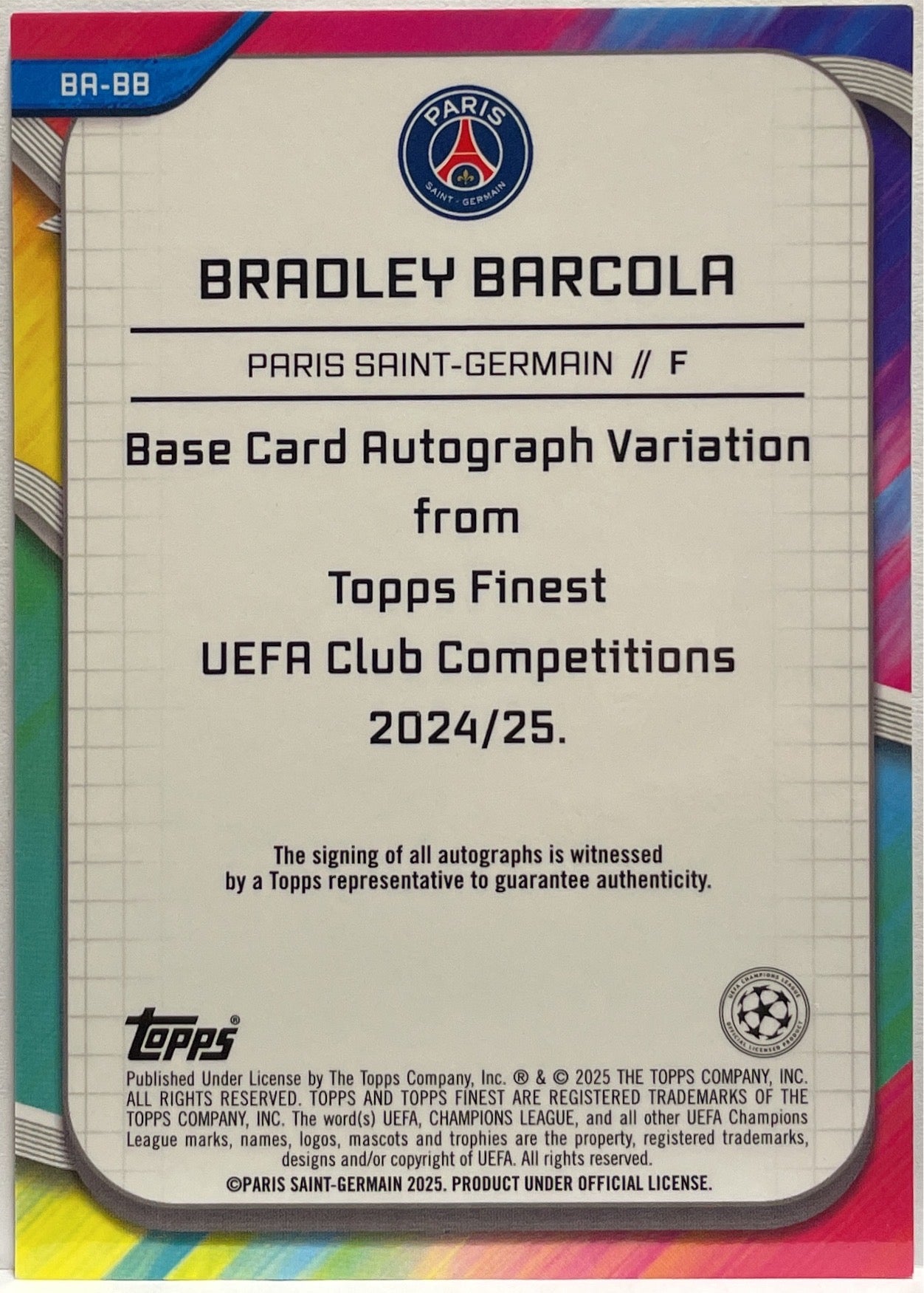 Bradley Barcola 20/150 Autograph Blue Topps Finest UCC 2024/25