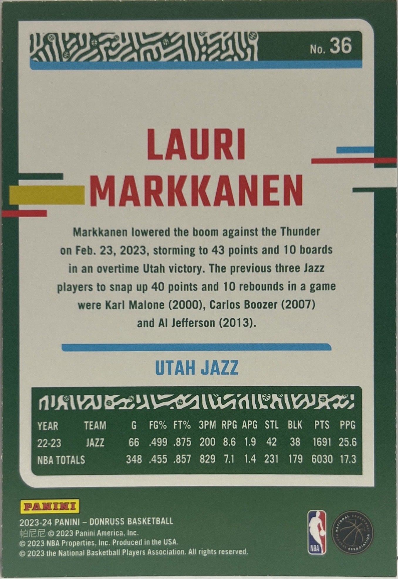 Lauri Markkanen 53/99 Red Mojo Donruss Basketball NBA 2023/24