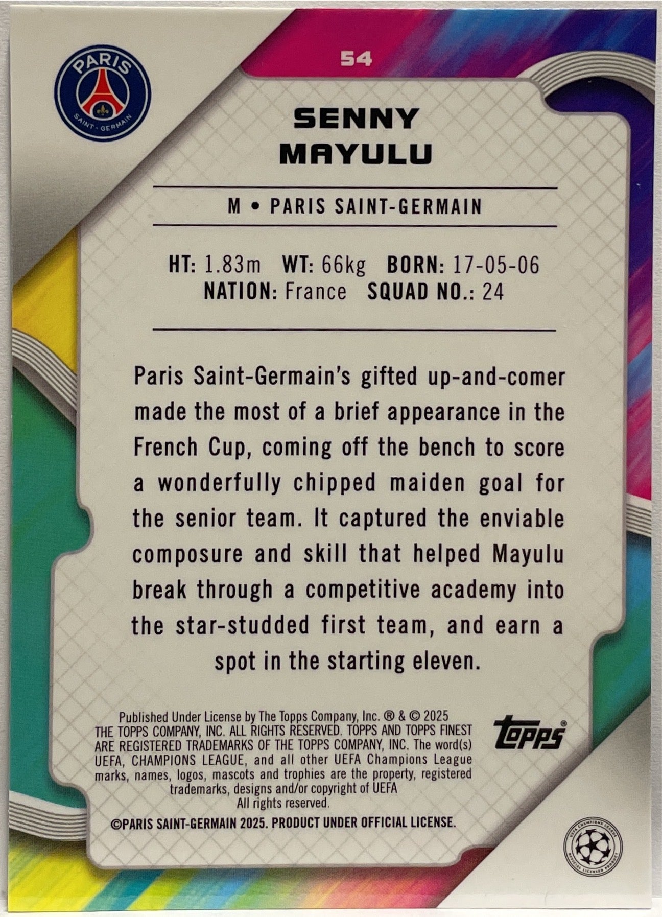 Senny Mayulu 5/199 Rookie Purple Lava Topps Finest UCC 2024/25