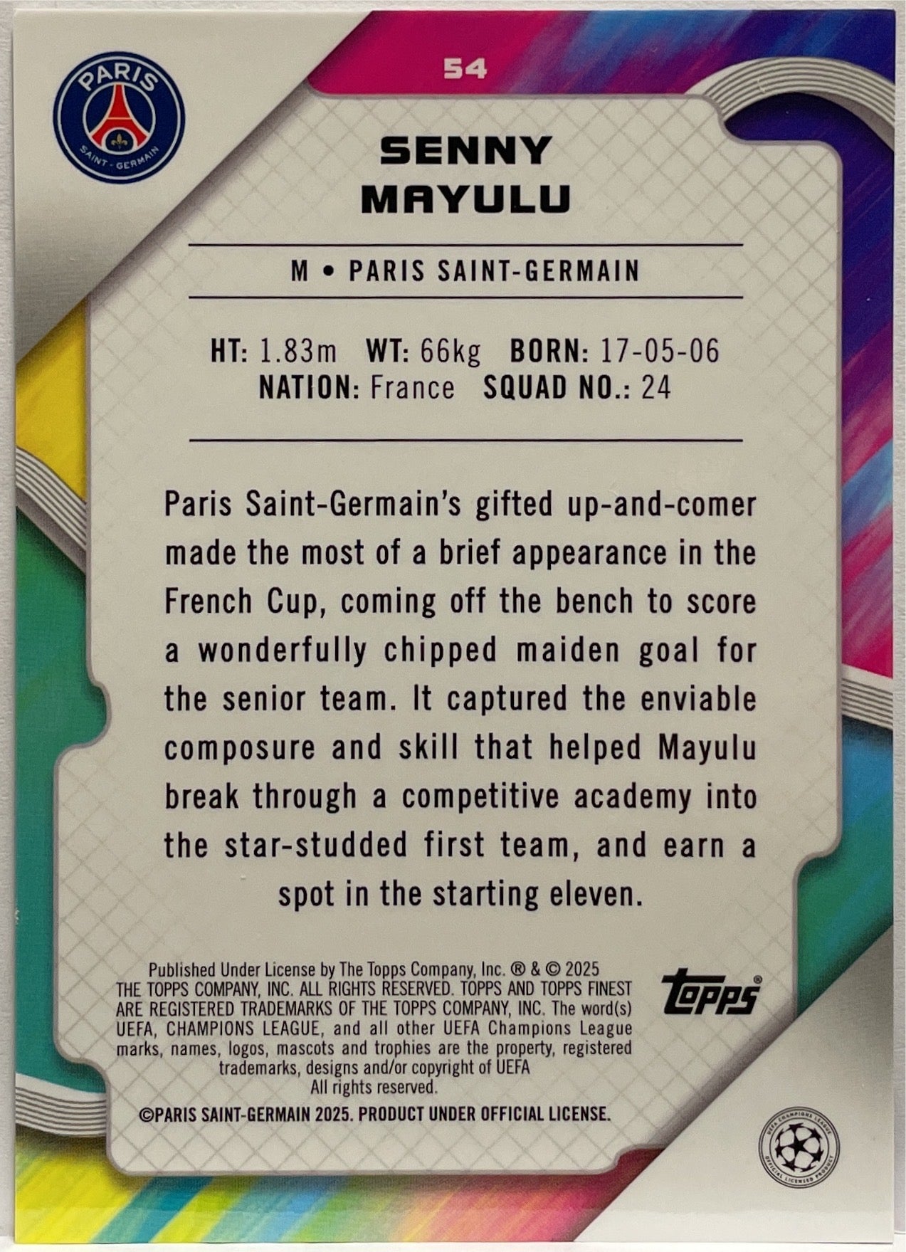Senny Mayulu 108/125 Rookie Pink Prism Topps Finest UCC 2024/25