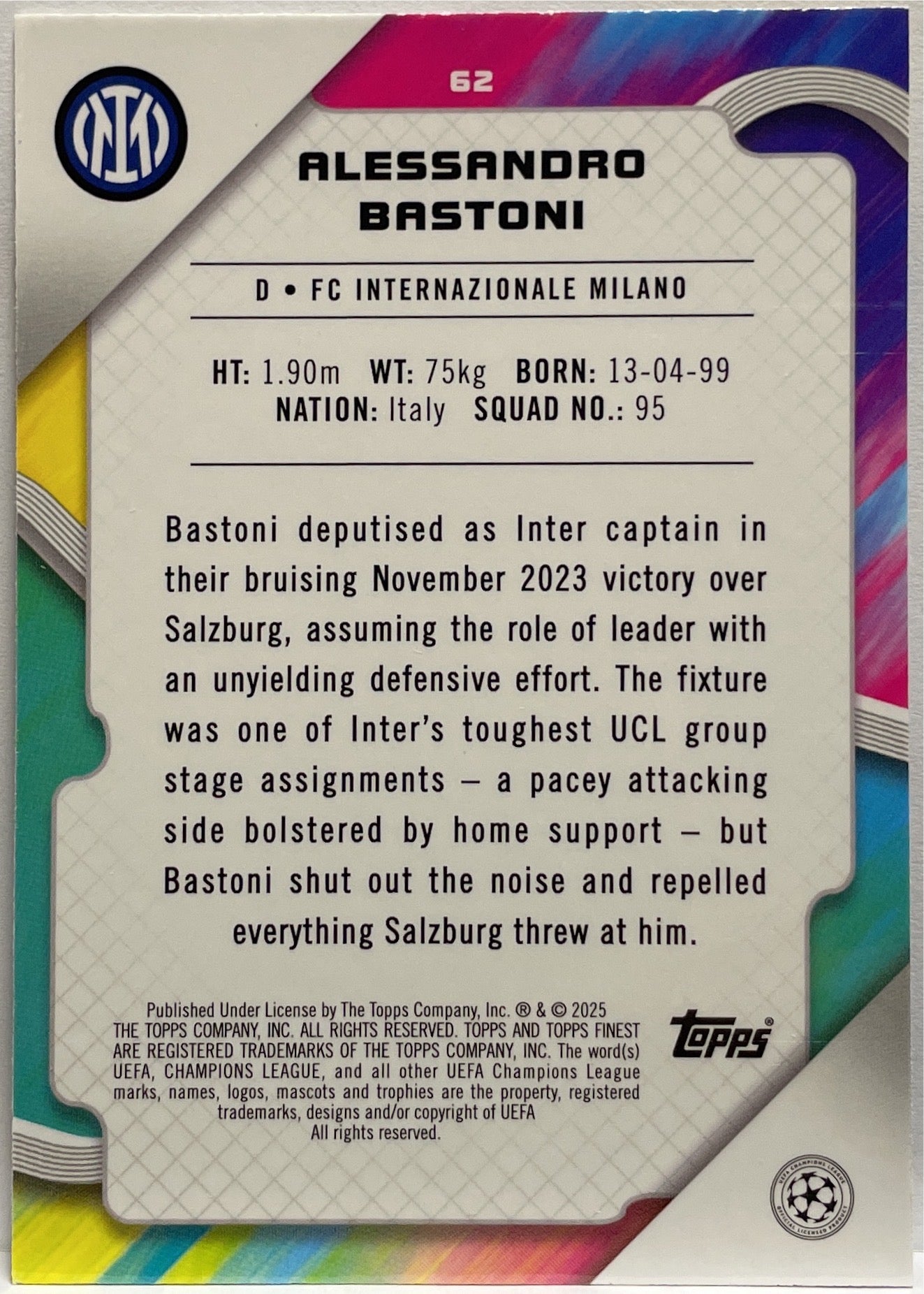 Alessandro Bastoni 169/275 Sky Blue Topps Finest UCC 2024/25