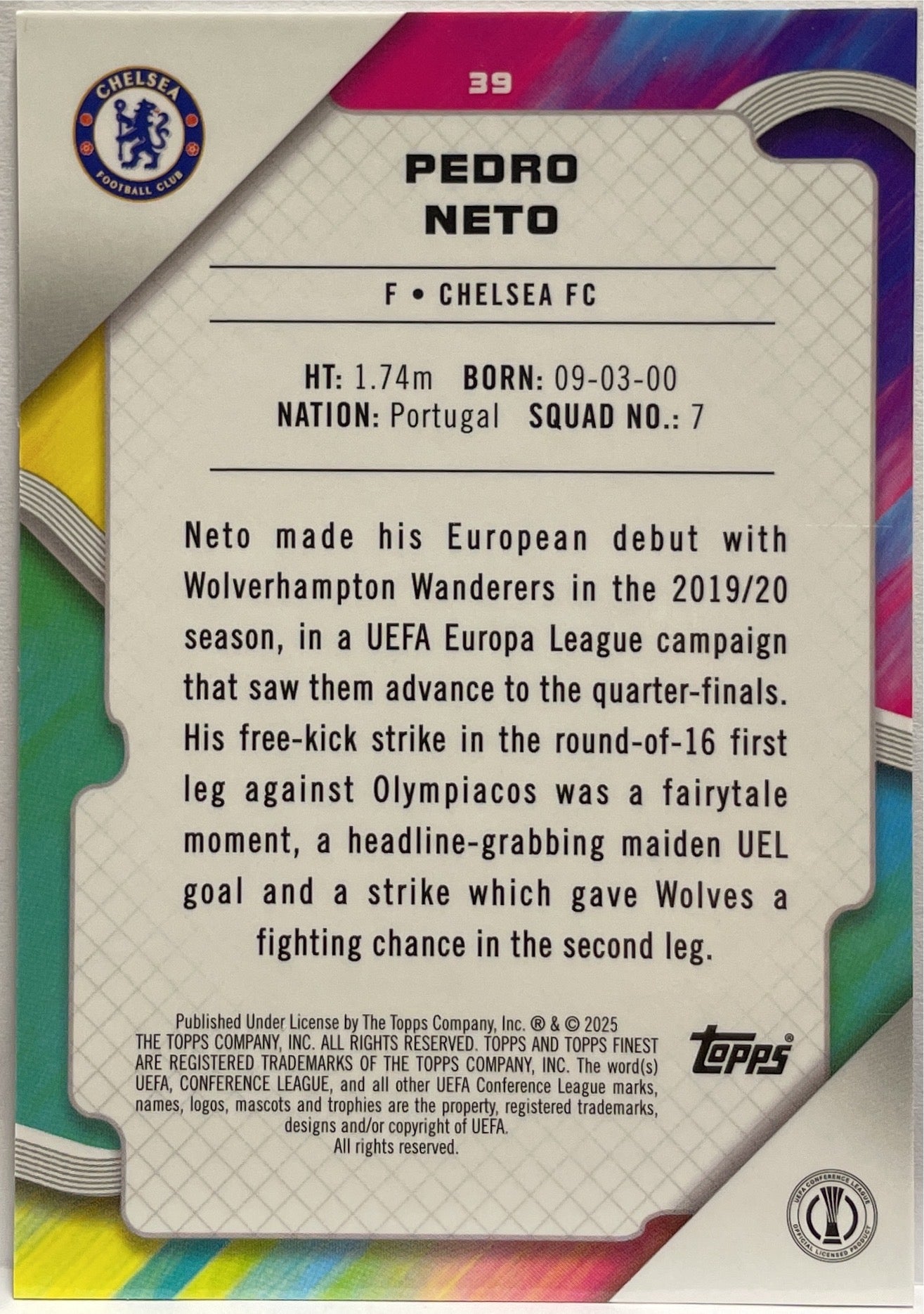 Pedro Neto 179/199 Purple Lava Topps Finest UCC 2024/25