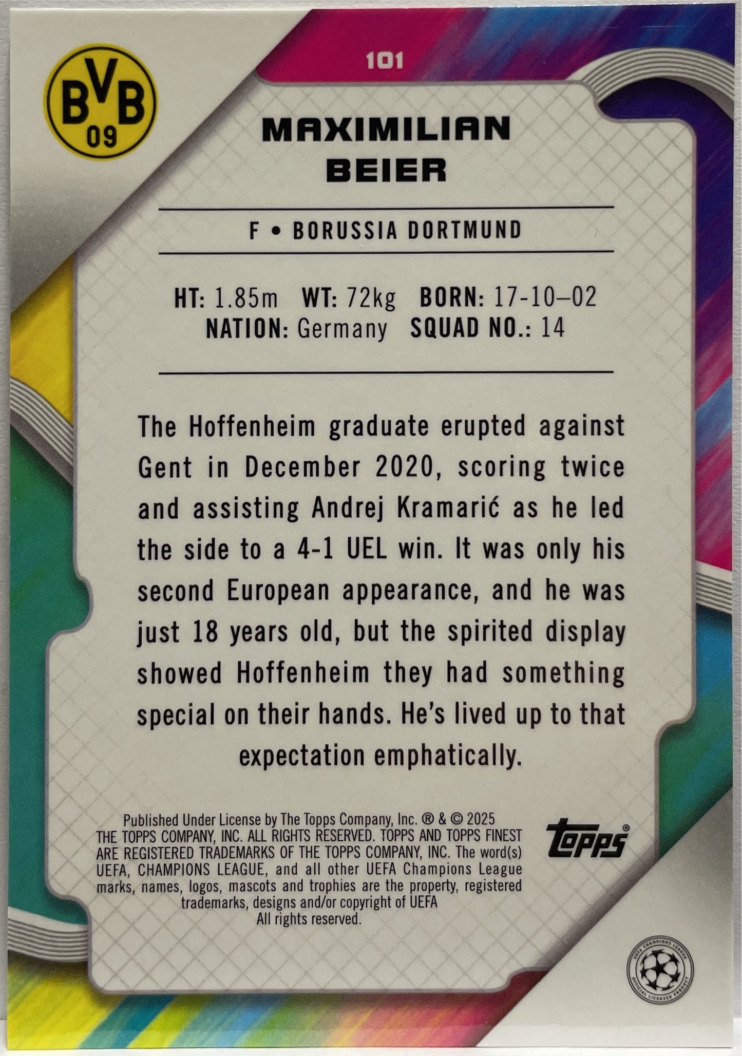 Maximilian Beier 106/199 Purple Lava Topps Finest UCC 2024/25