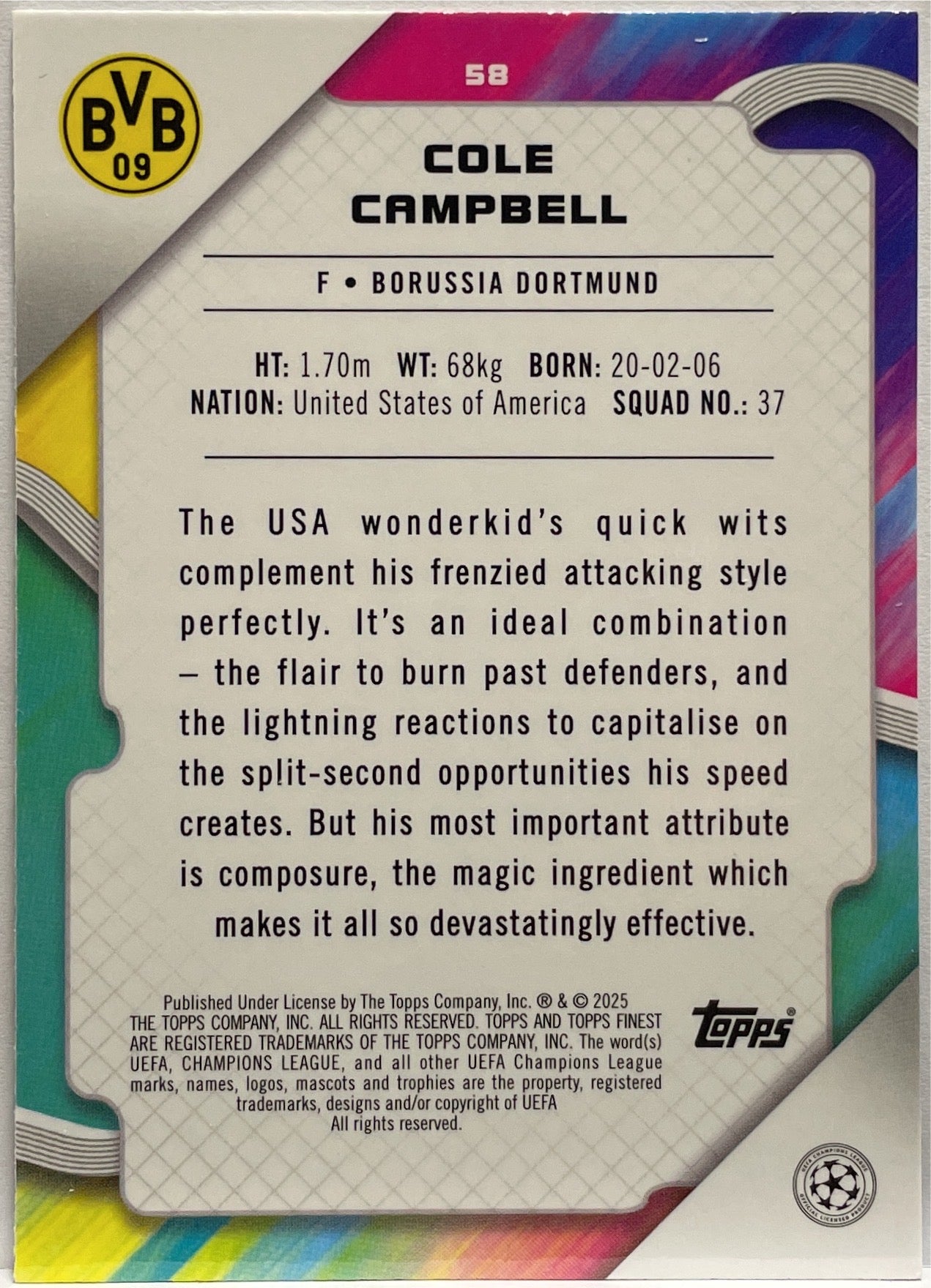 Cole Campbell 36/150 Rookie Blue Raywave Topps Finest UCC 2024/25