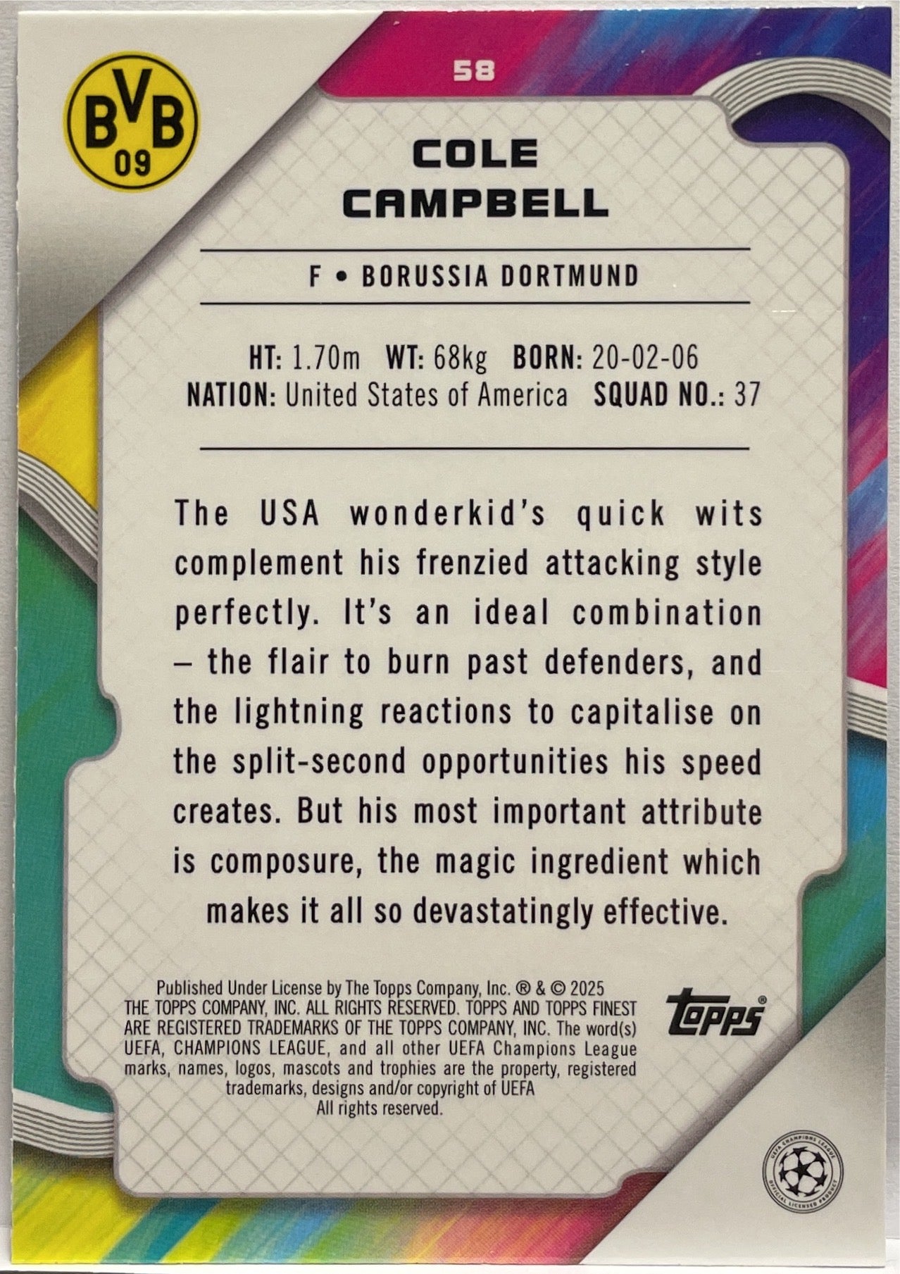 Cole Campbell 282/299 Rookie Purple Topps Finest UCC 2024/25