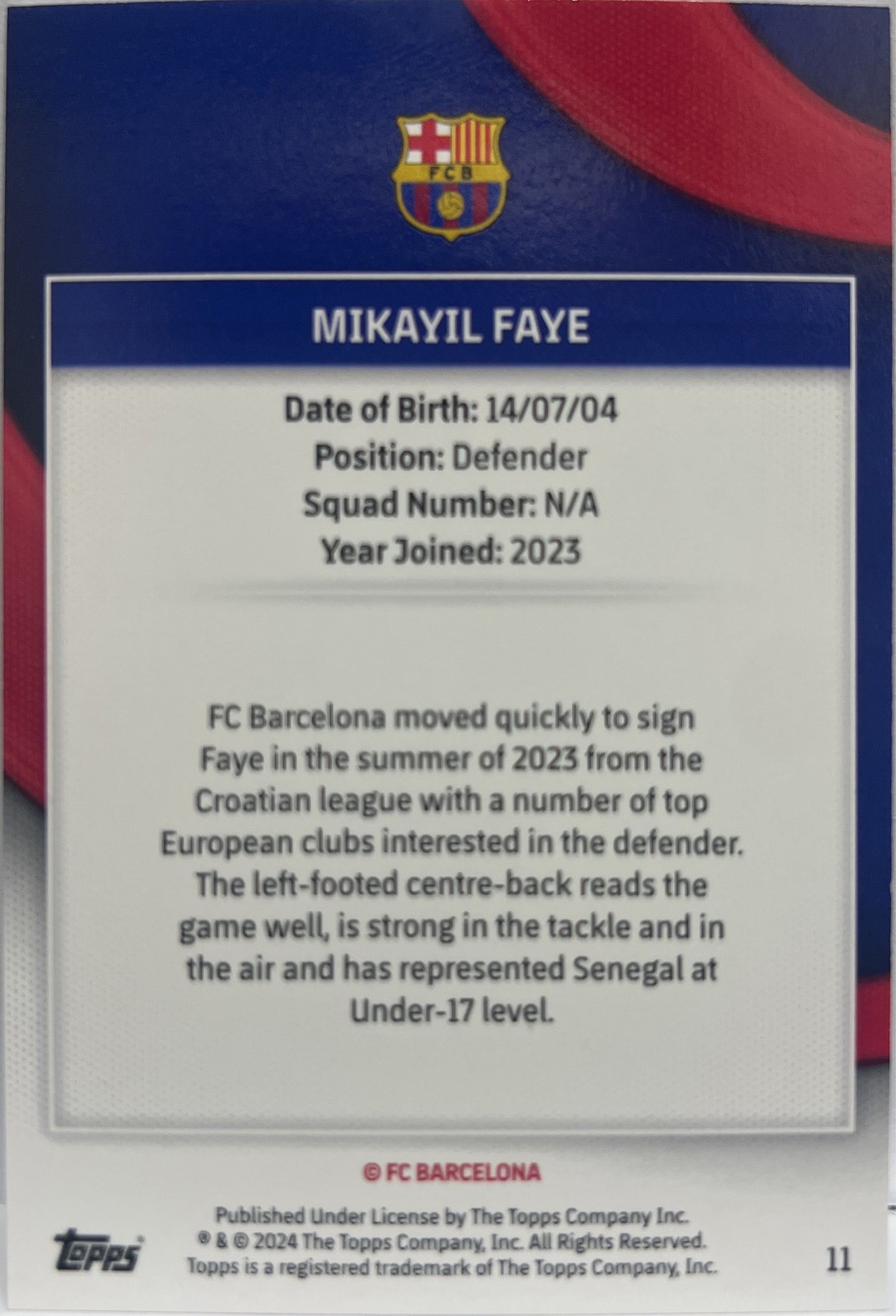 Mykayil Faye 8/50 Rookie Gold Topps FC Barcelona Team Set 2023/24