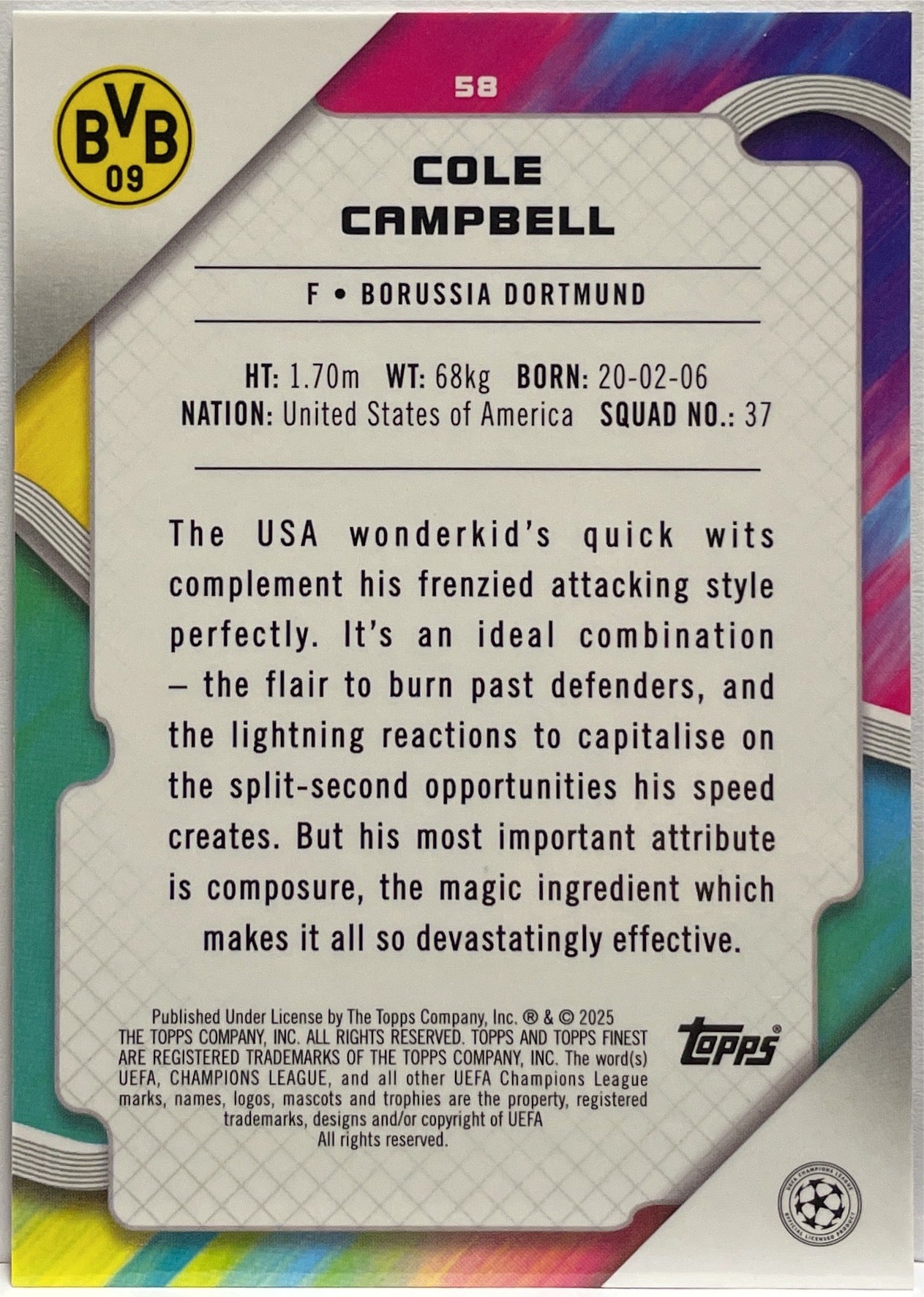 Cole Campbell 53/125 Rookie Pink Prism Topps Finest UCC 2024/25