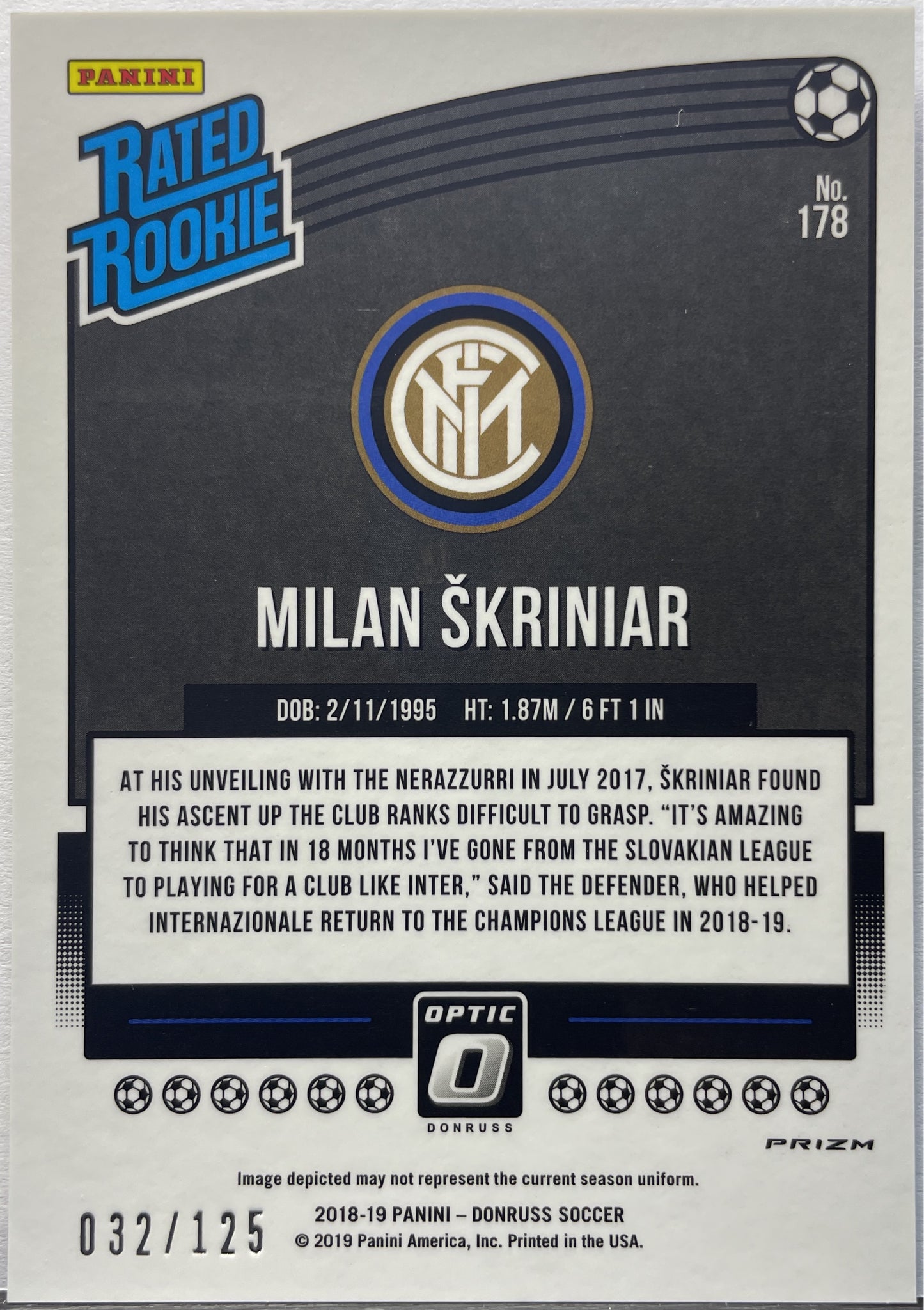 Milan Skriniar 32/125 Rated Rookie Optic Donruss 2018/2019