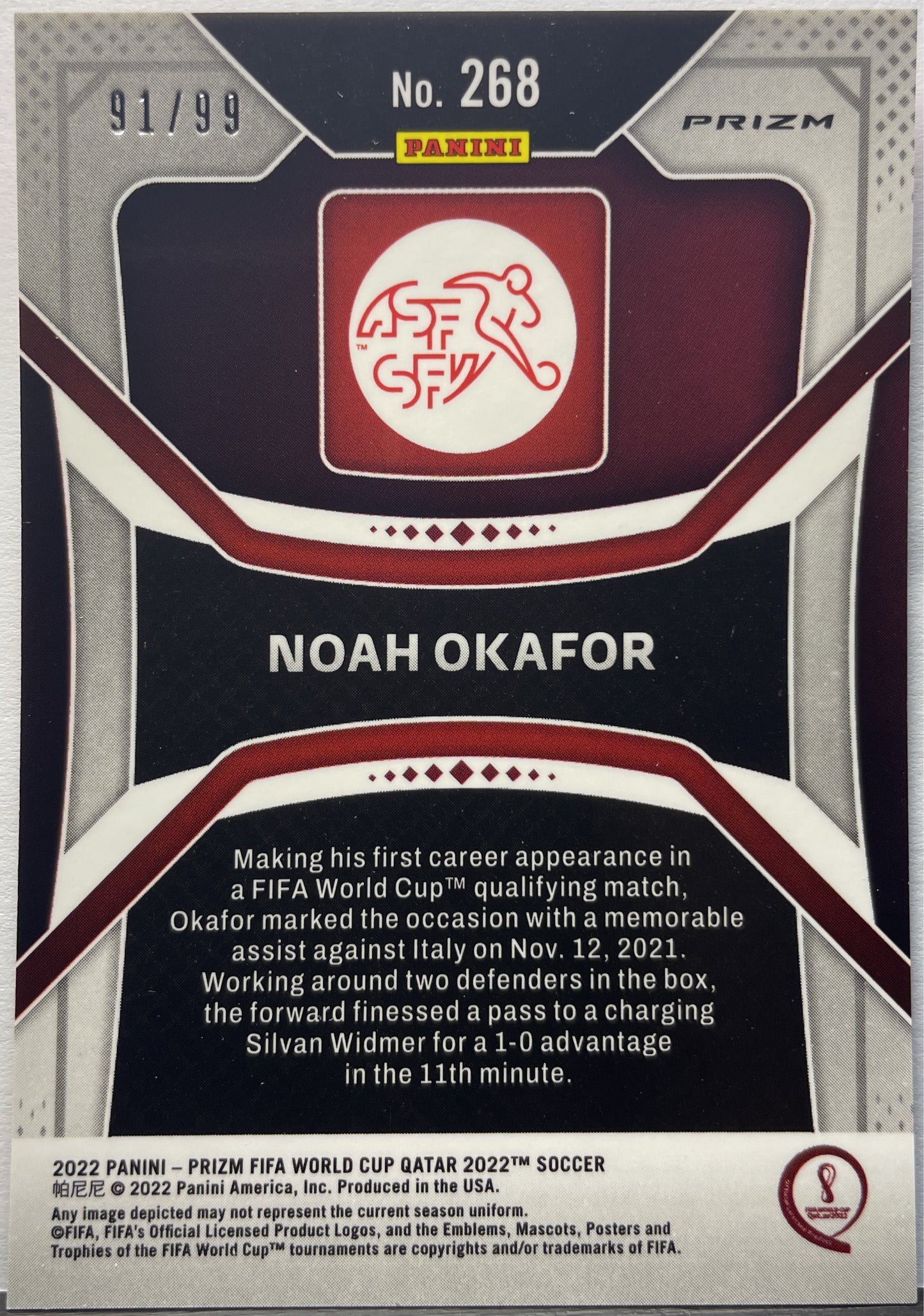 Noah Okafor 91/99 Rookie Red Prizm Fifa World Cup 2022