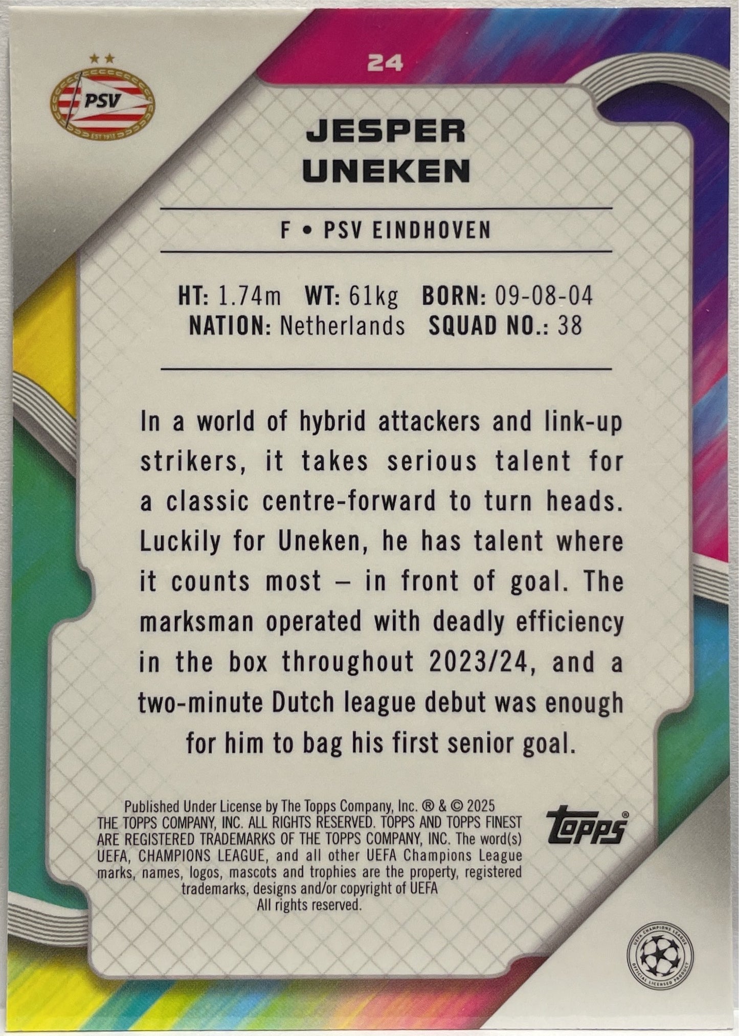 Jesper Uneken 176/275 Rookie Sky Blue Topps Finest UCC 2024/25