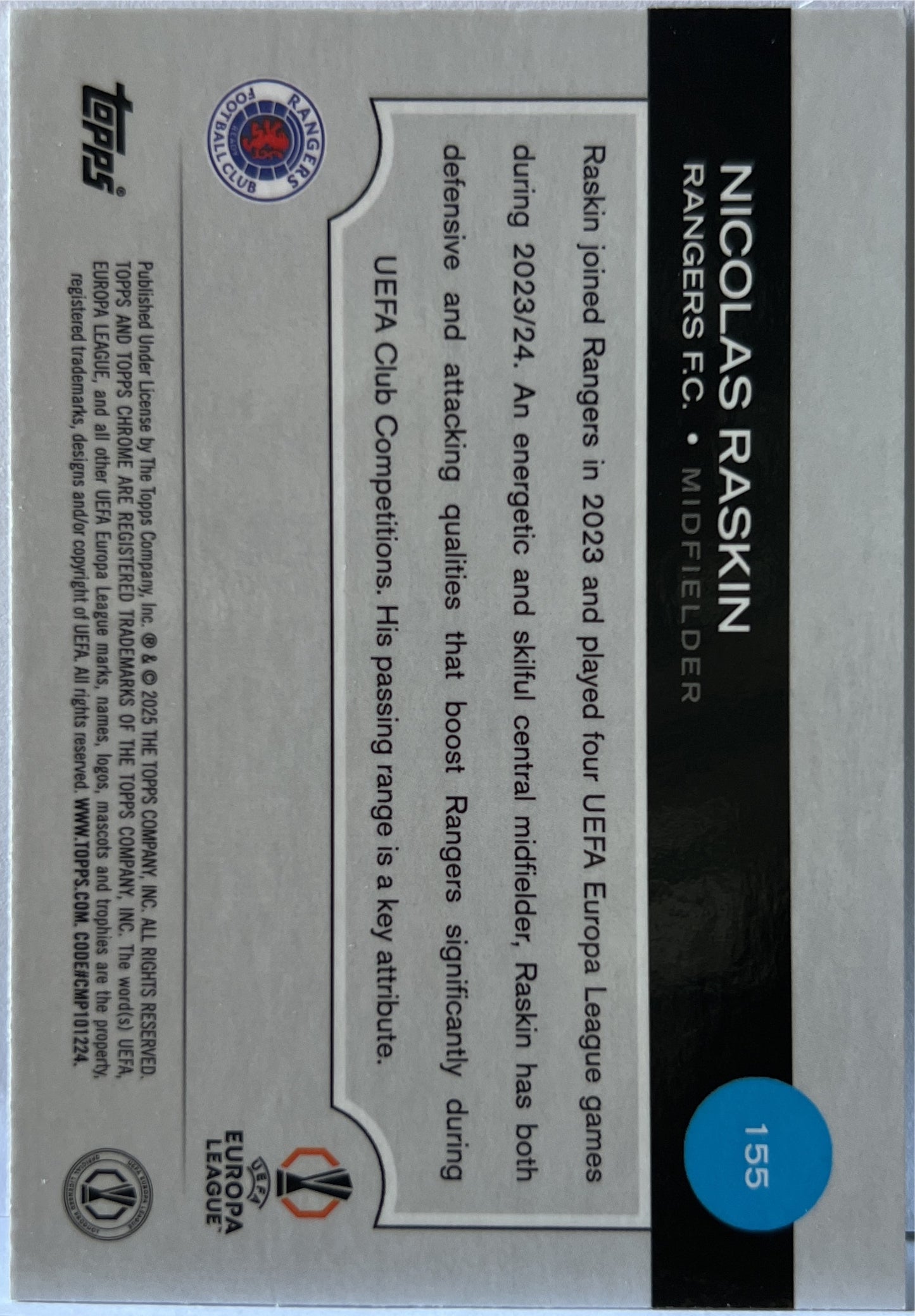 Nicolas Raskin 192/199 Aqua Topps Chrome UCC 2024/25