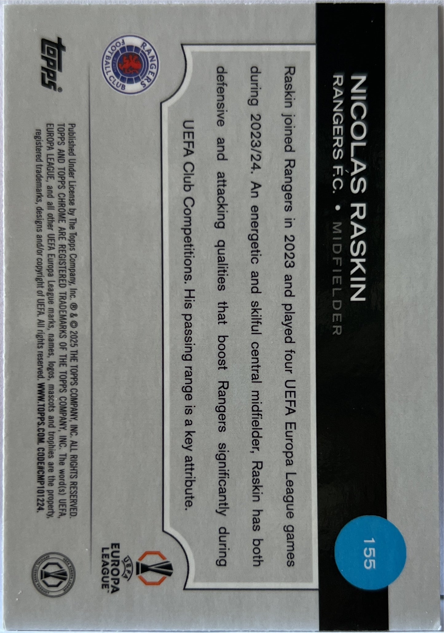 Nicolas Raskin 121/250 Pink Lava Topps Chrome UCC 2024/25