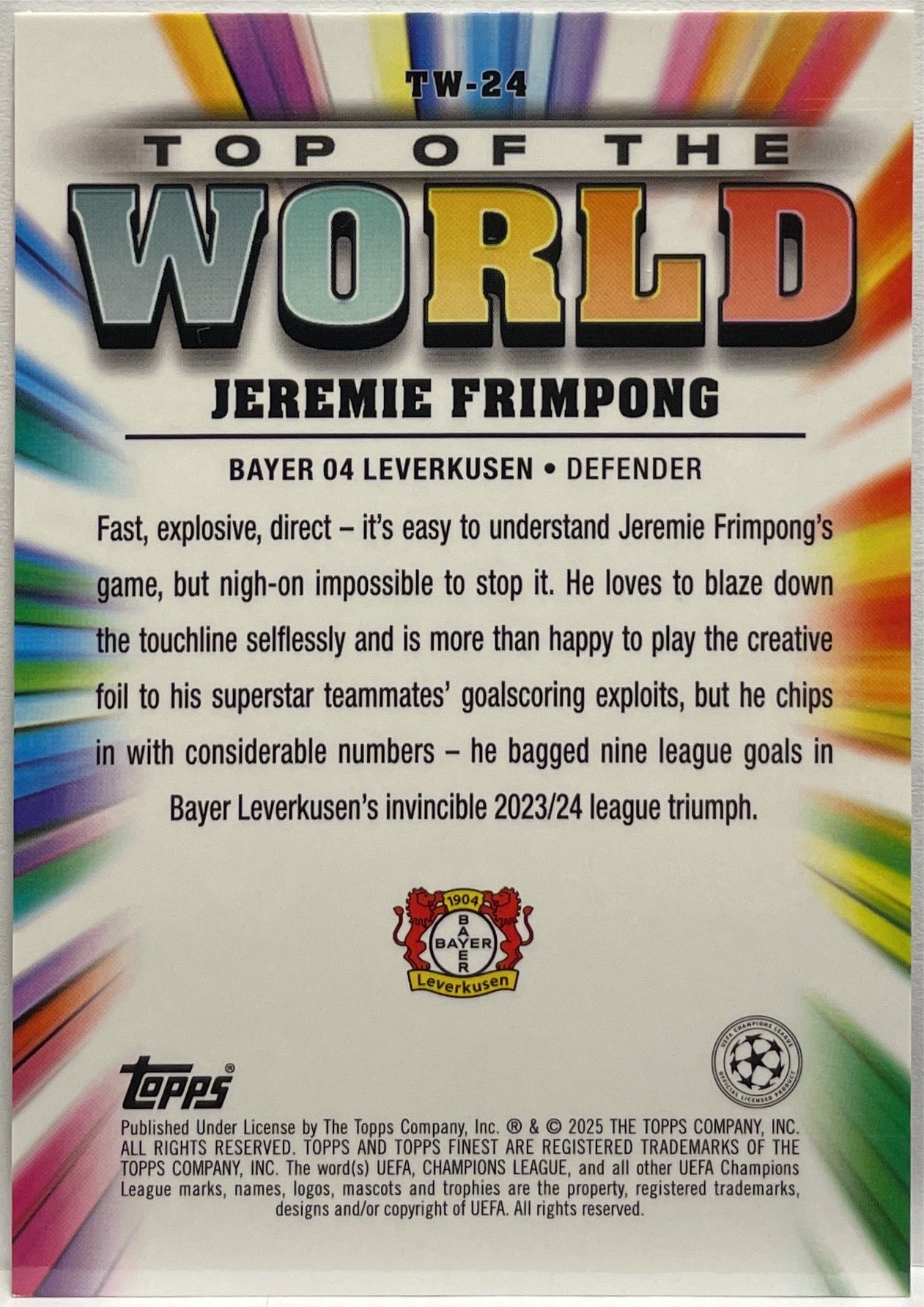 Jeremie Frimpong 21/75 Top Of The World Rose Gold Topps Finest UCC 2024/25